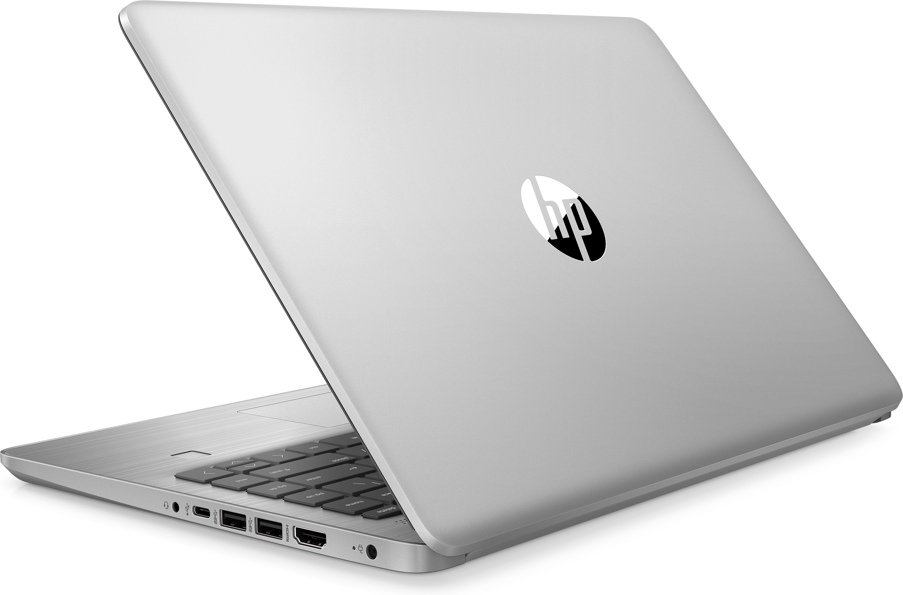 Laptop argentato, che mostra il retro. Un logo è visibile. La tastiera è parzialmente aperta. Sfondo bianco.