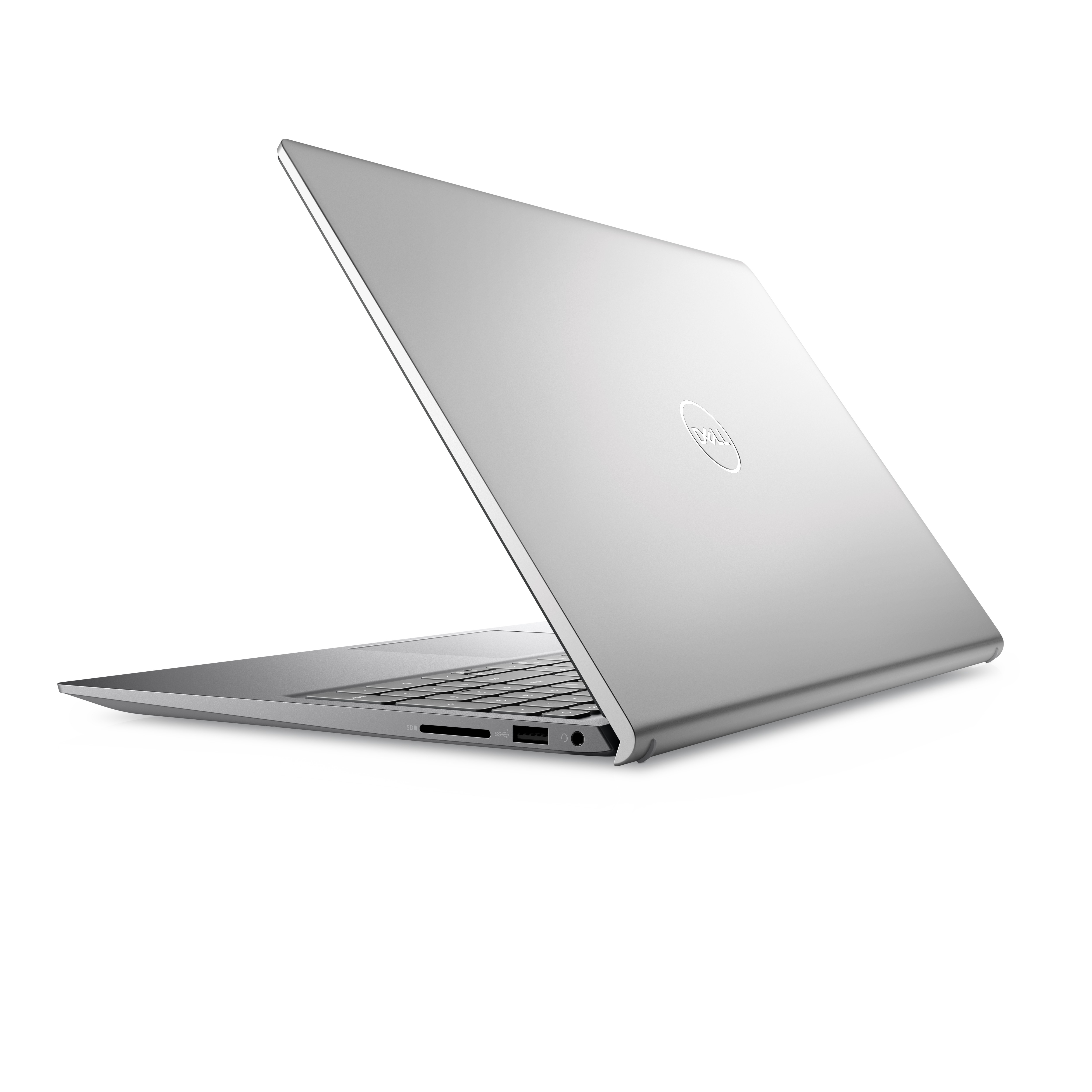 Laptop argentato, aperto, vista laterale. Il laptop è su sfondo bianco. Logo Dell visibile.