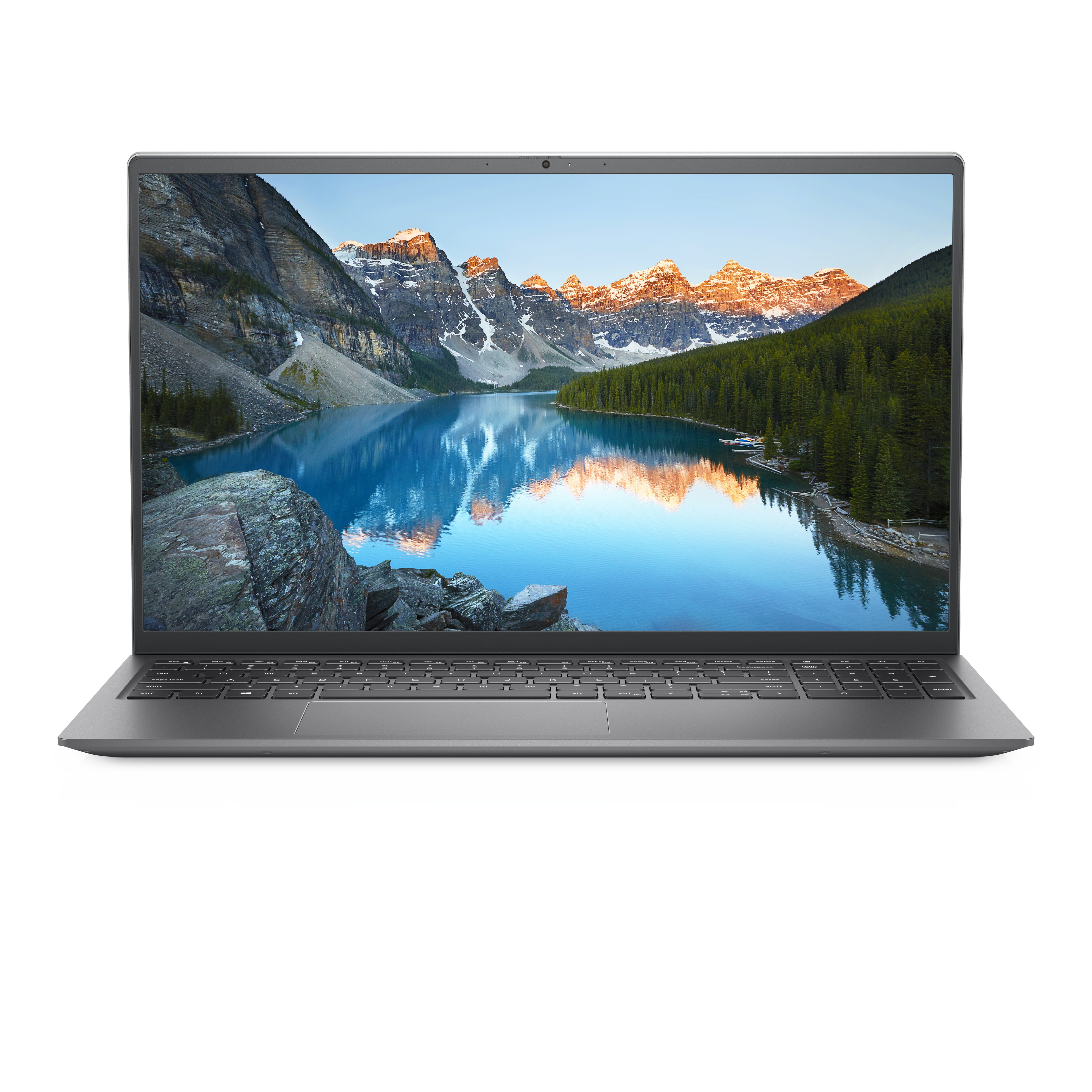 Il laptop mostra un paesaggio panoramico di montagne e un lago. Il laptop è aperto.
