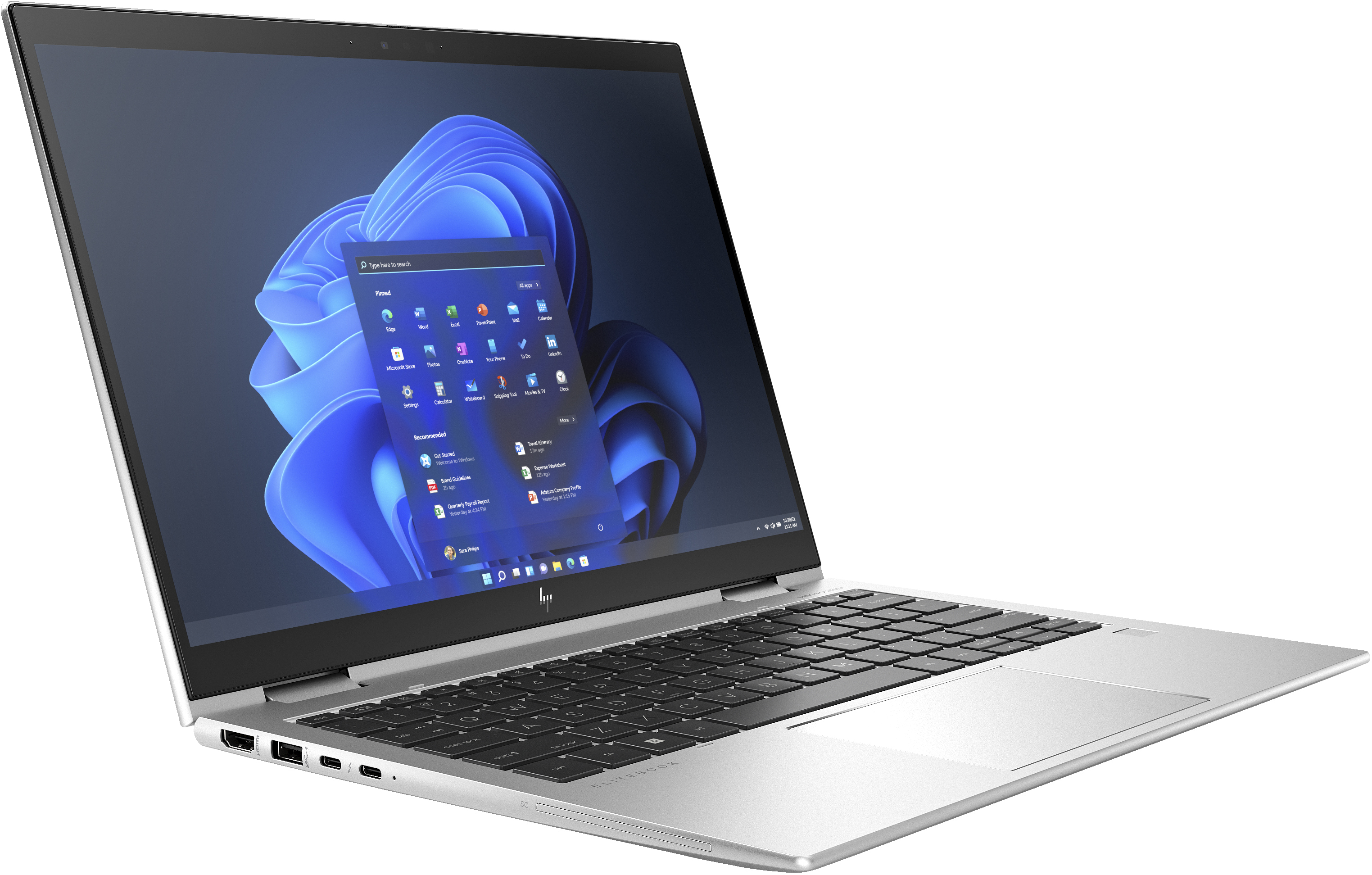 Laptop argento con tastiera nera, aperto, che mostra un'interfaccia di Windows 11. Schermo angolato. Sfondo bianco.