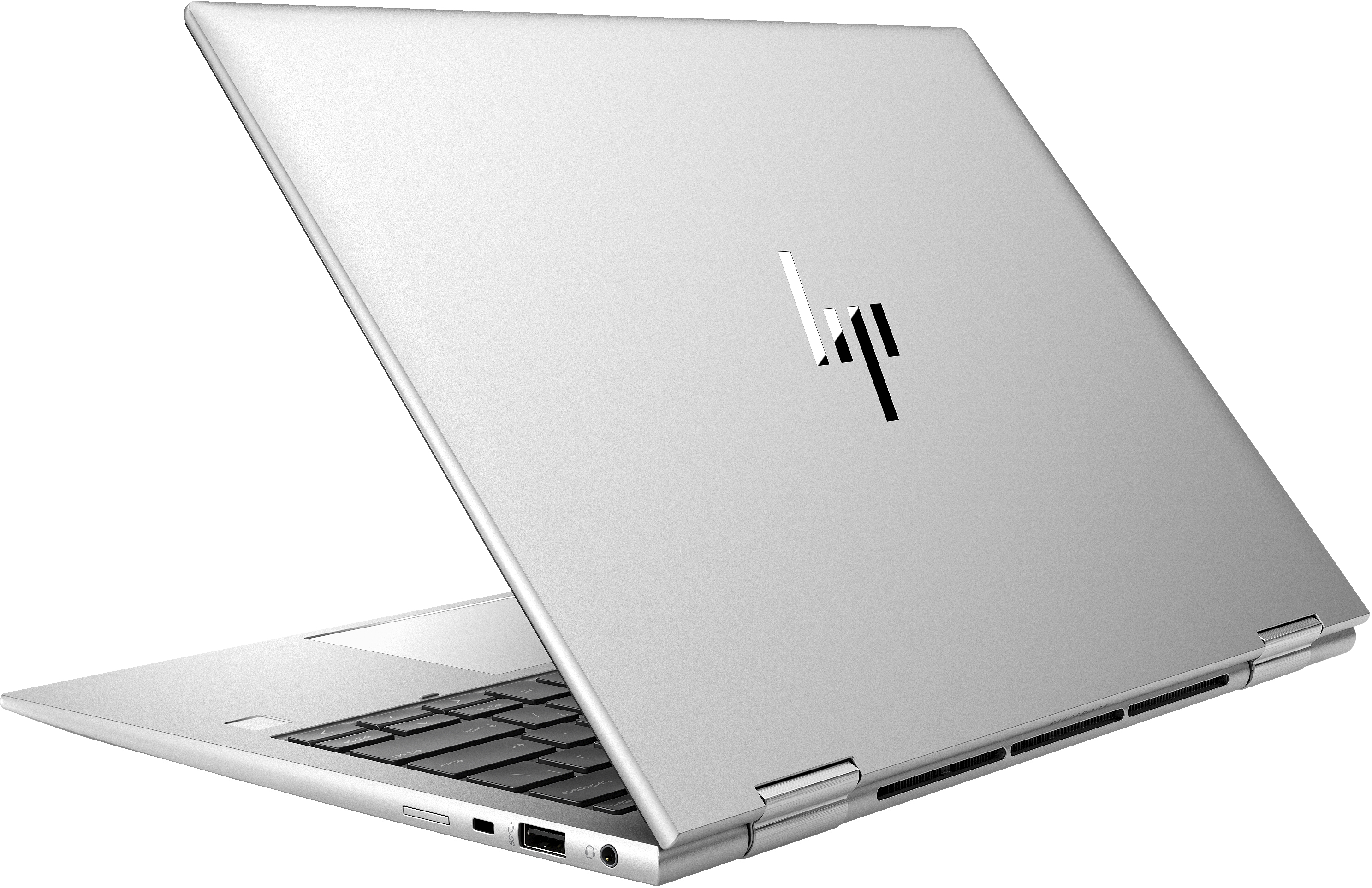 Laptop argento, vista posteriore, parzialmente aperto, logo visibile. Sfondo bianco.
