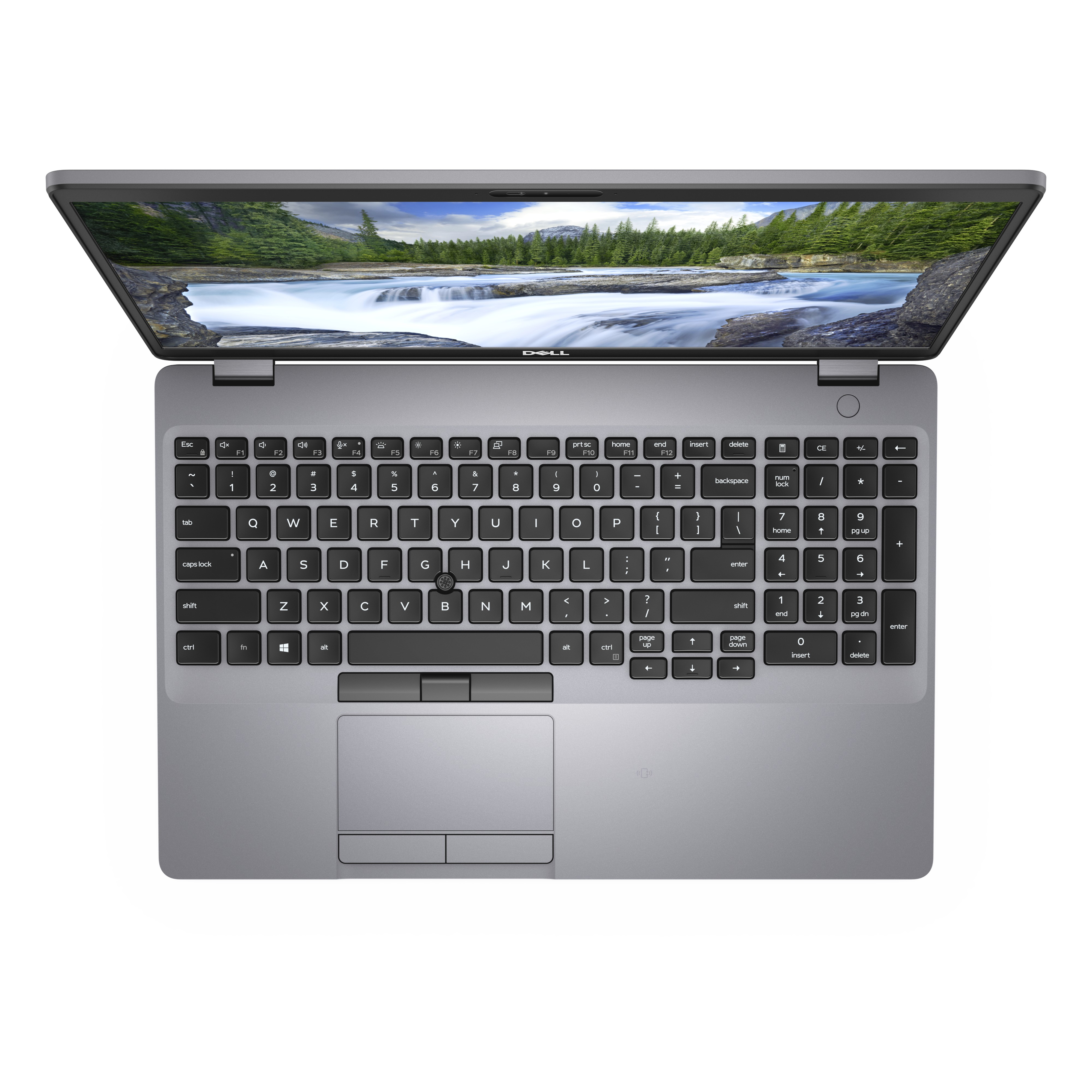 Laptop aperto, vista dall'alto. Tastiera e schermo che mostrano una cascata. Colore grigio.