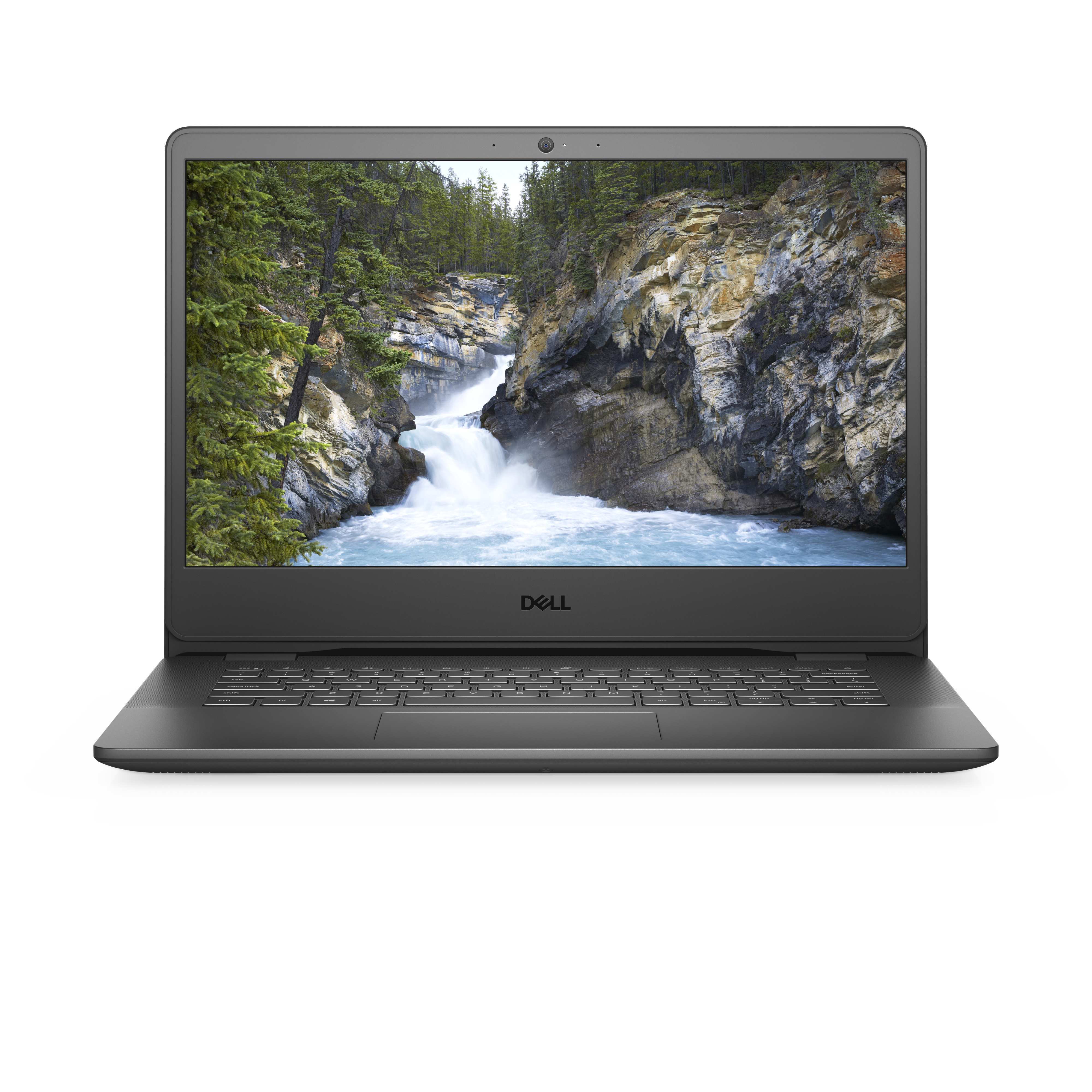 Un laptop nero mostra una scena di cascata sul suo schermo. Il logo Dell è visibile in basso.
