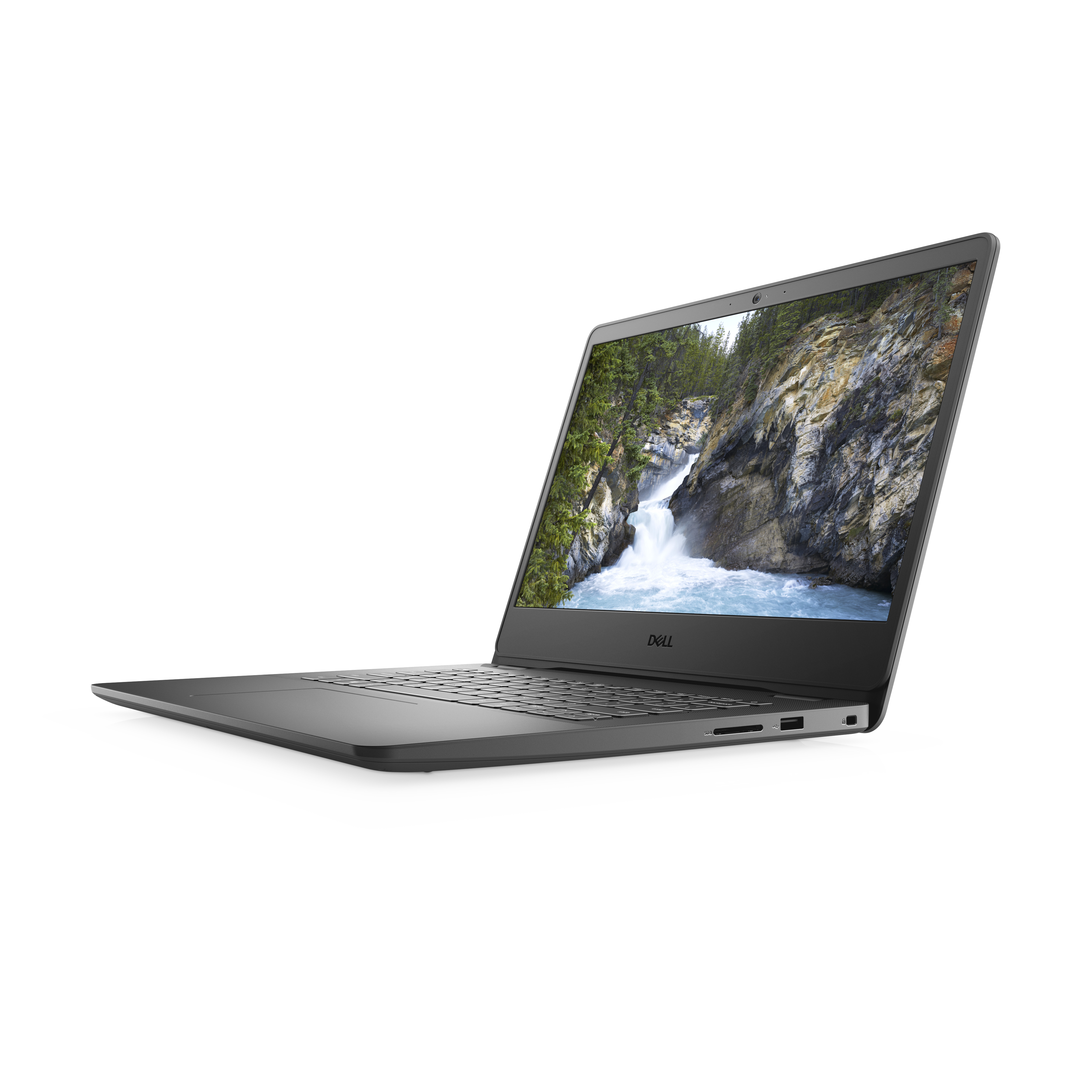 Laptop Dell grigio aperto, scena di cascata sullo schermo. Sfondo bianco.