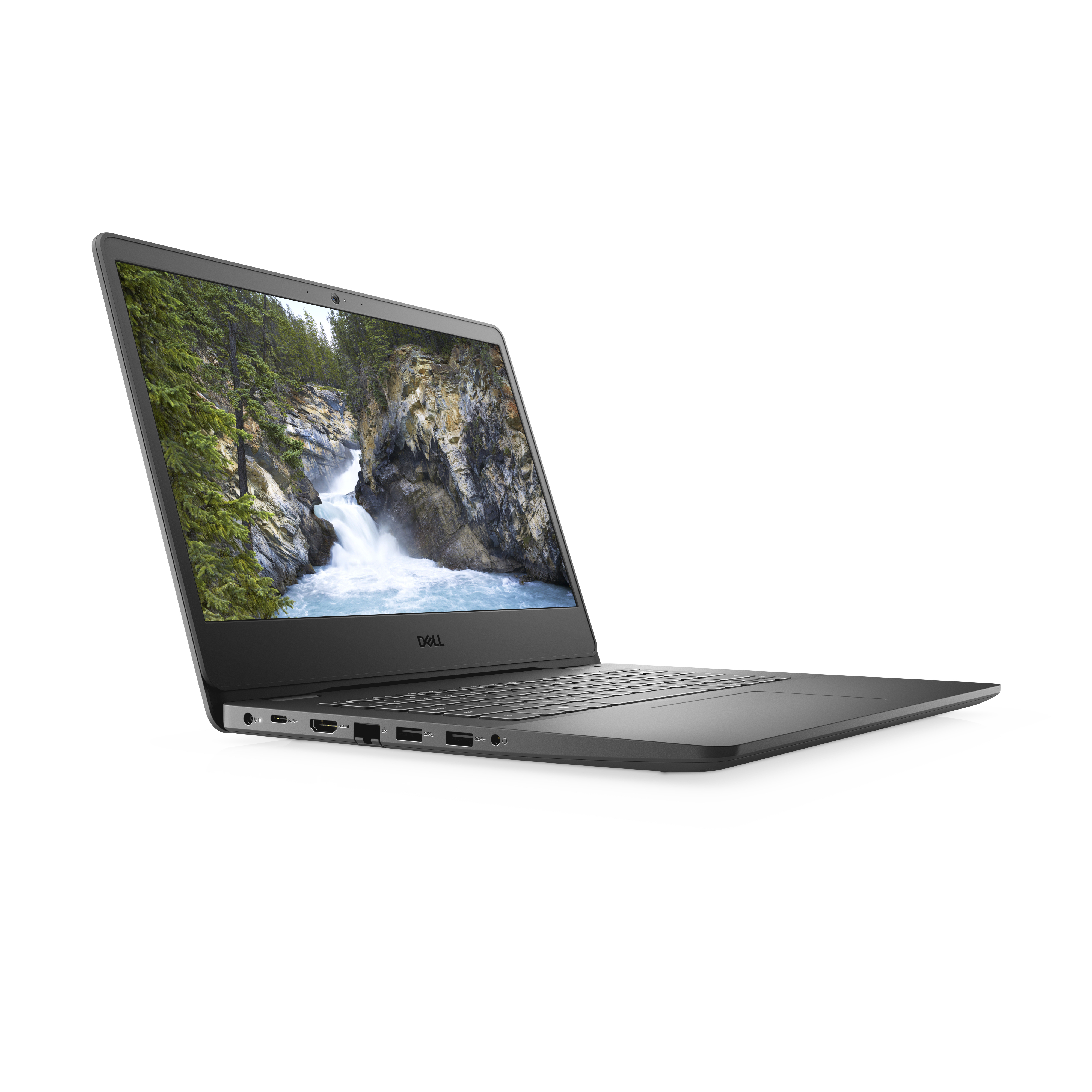 Un laptop con una scena di cascata sullo schermo. È grigio e su sfondo bianco.