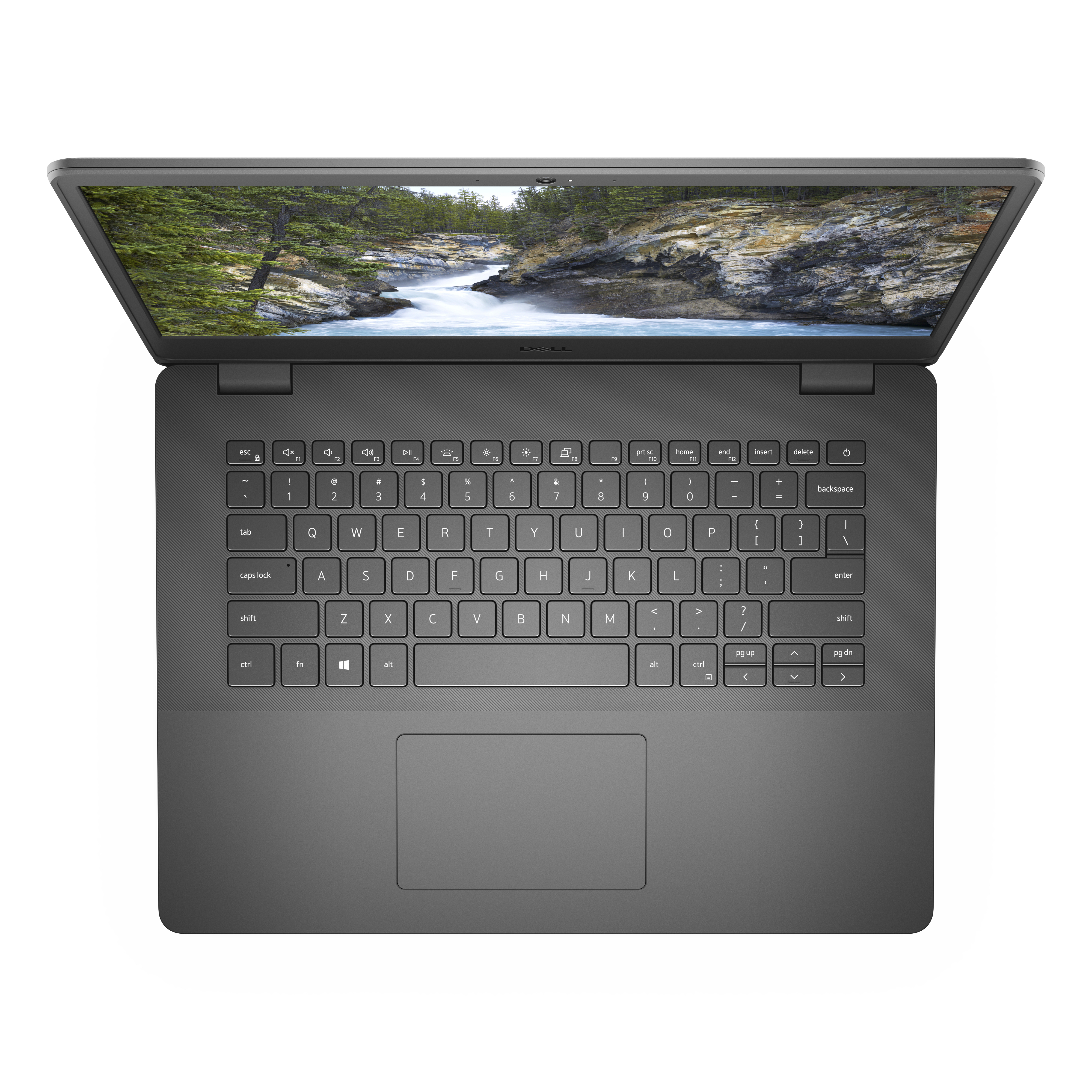Laptop, vista dall'alto, aperto. Tastiera visibile, con scena fluviale sul display.