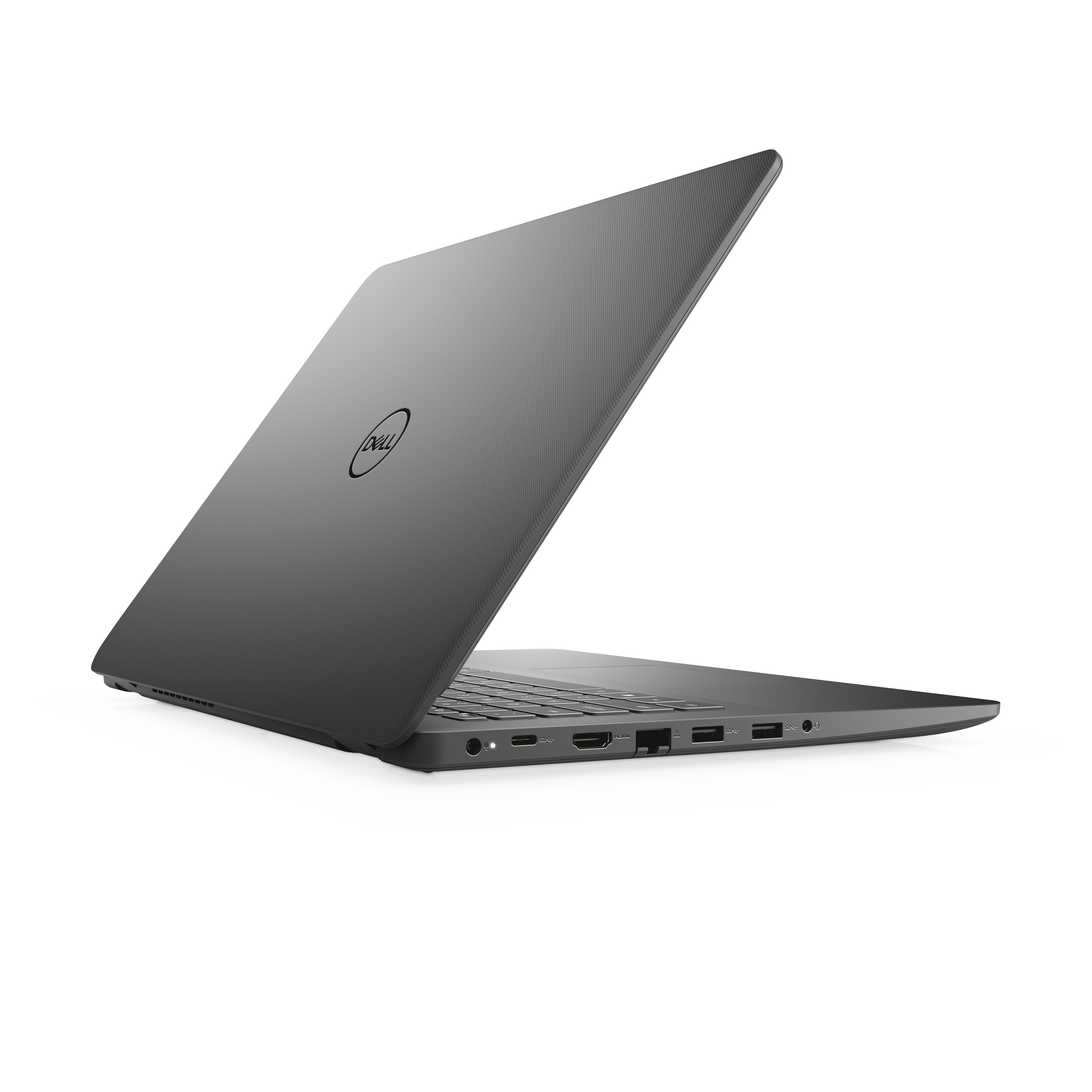 Parte posteriore del laptop con logo Dell. Corpo grigio, sfondo bianco.
