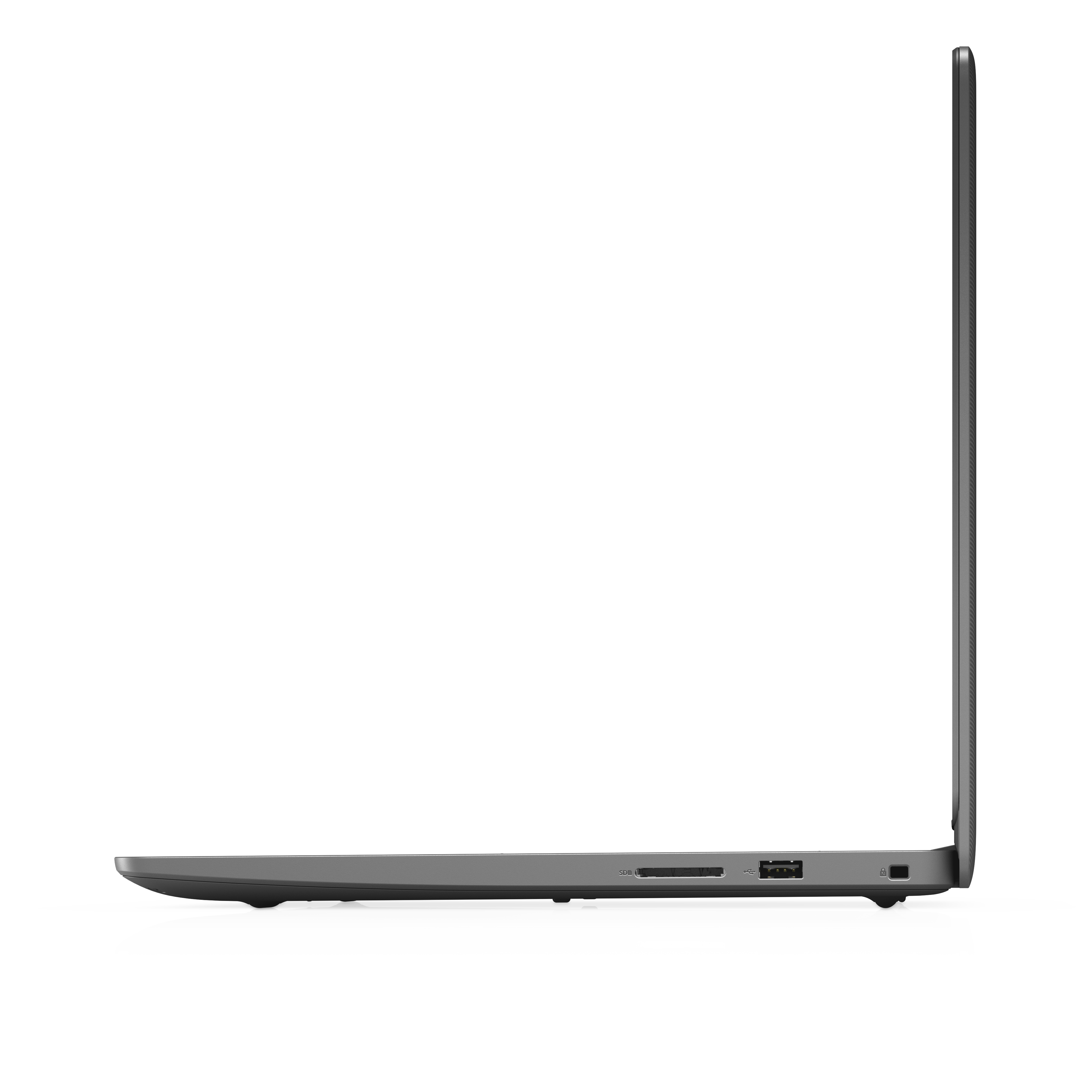 Vista laterale di un laptop grigio, che mostra il profilo laterale.