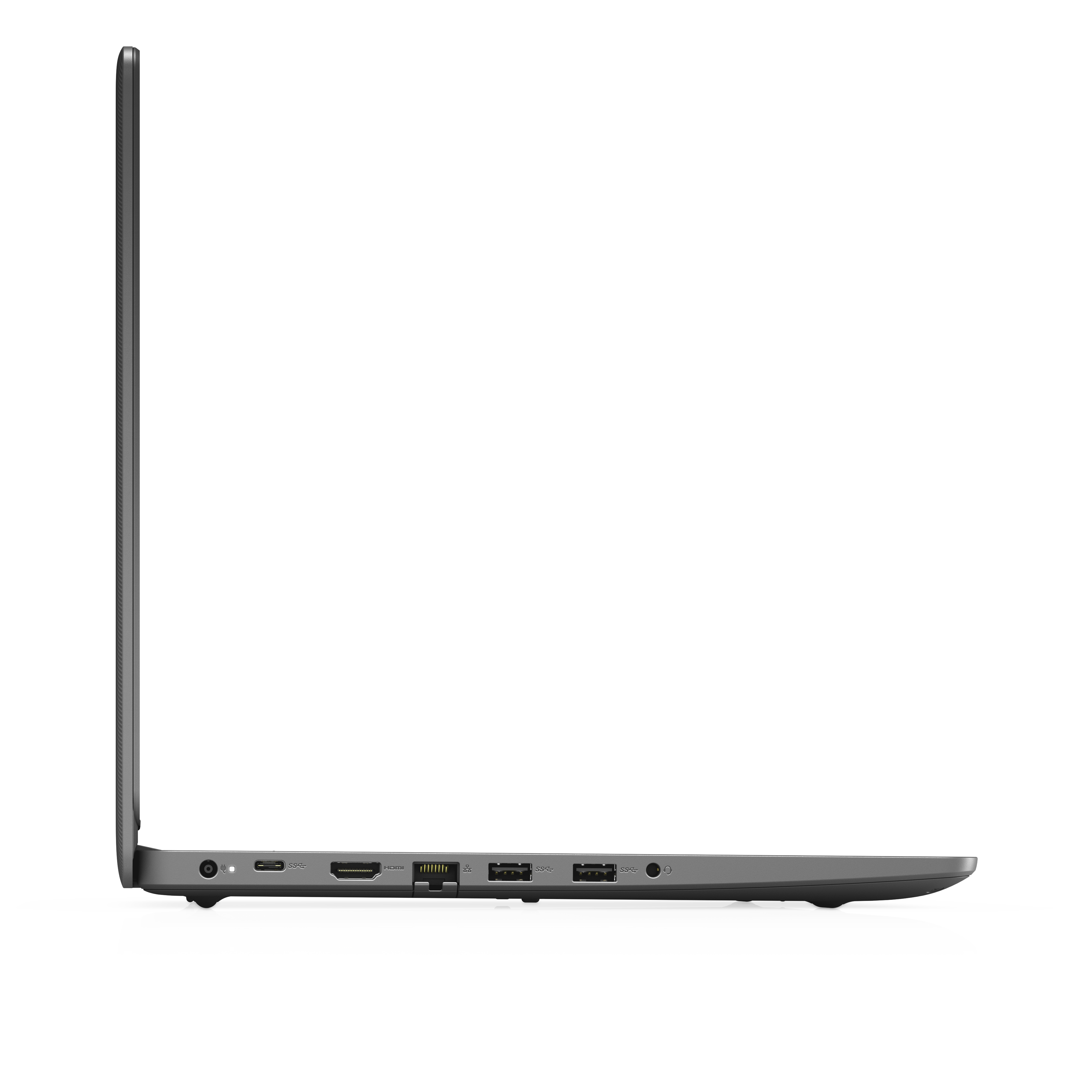 Laptop, vista laterale. Mostra il lato di un laptop con porte. Colore nero.
