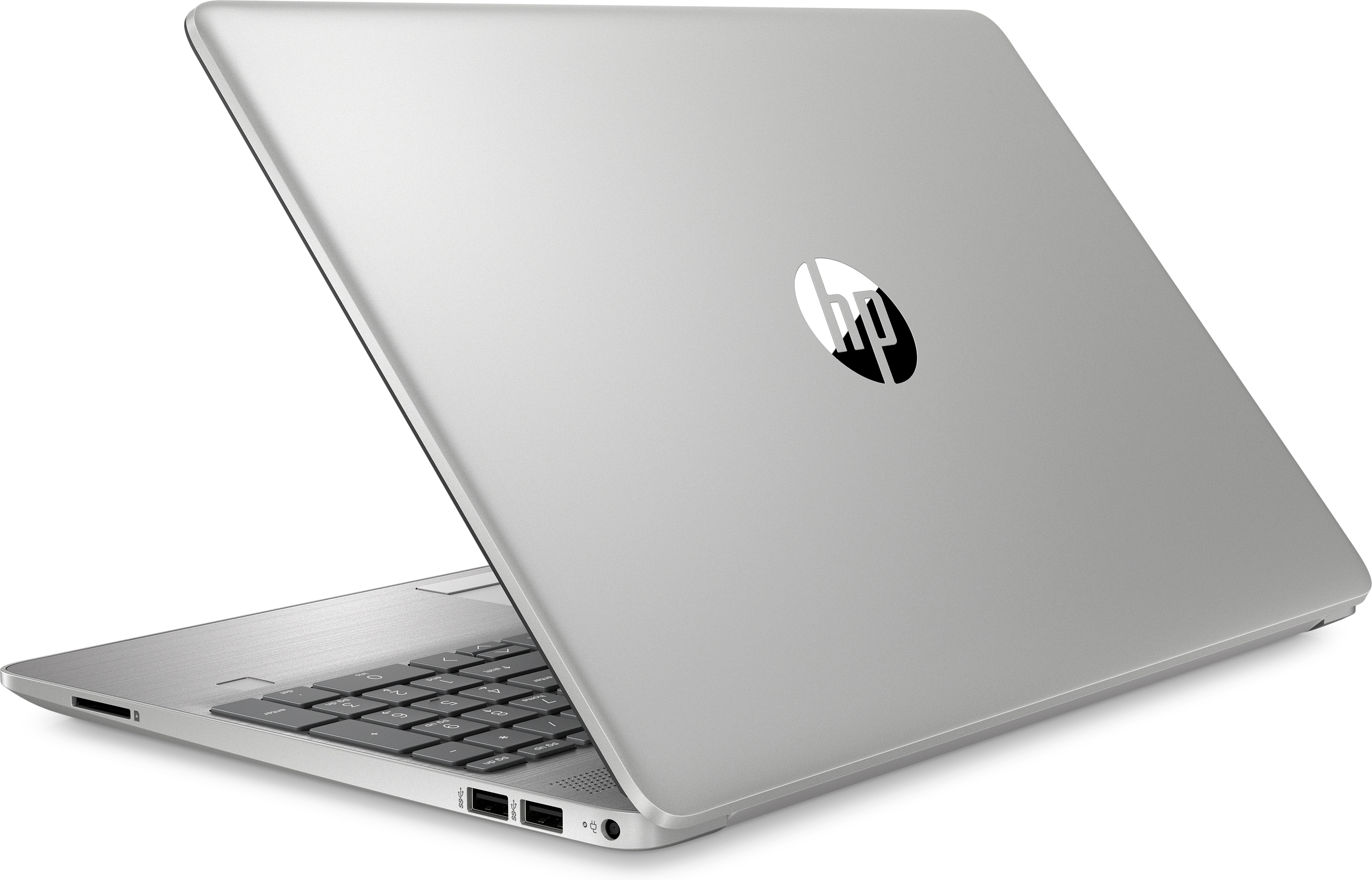 Un laptop argentato, aperto, angolato, che mostra il logo HP sul retro, isolato su sfondo bianco.