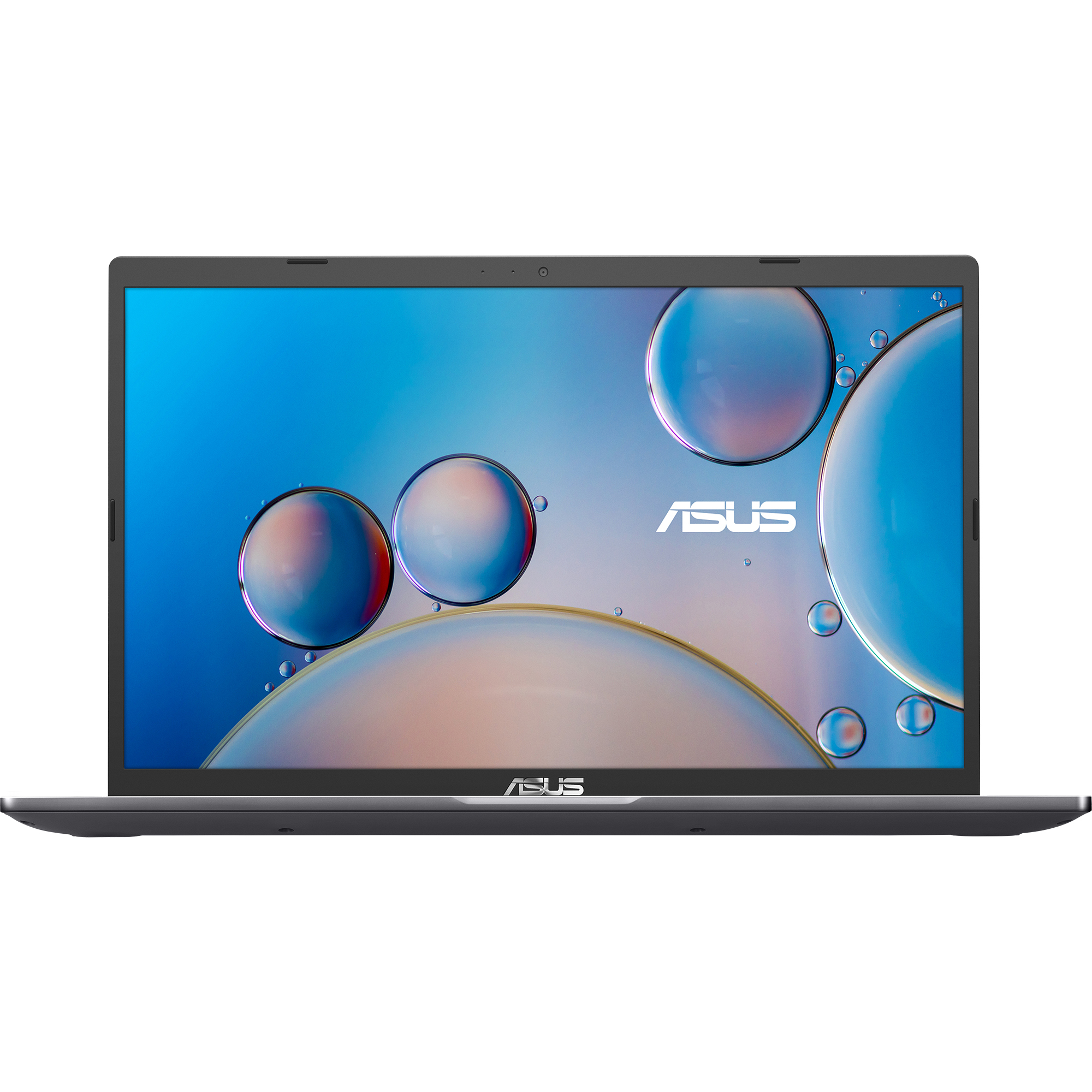 Laptop Asus con sfondo blu e bianco sullo schermo, logo Asus in basso.