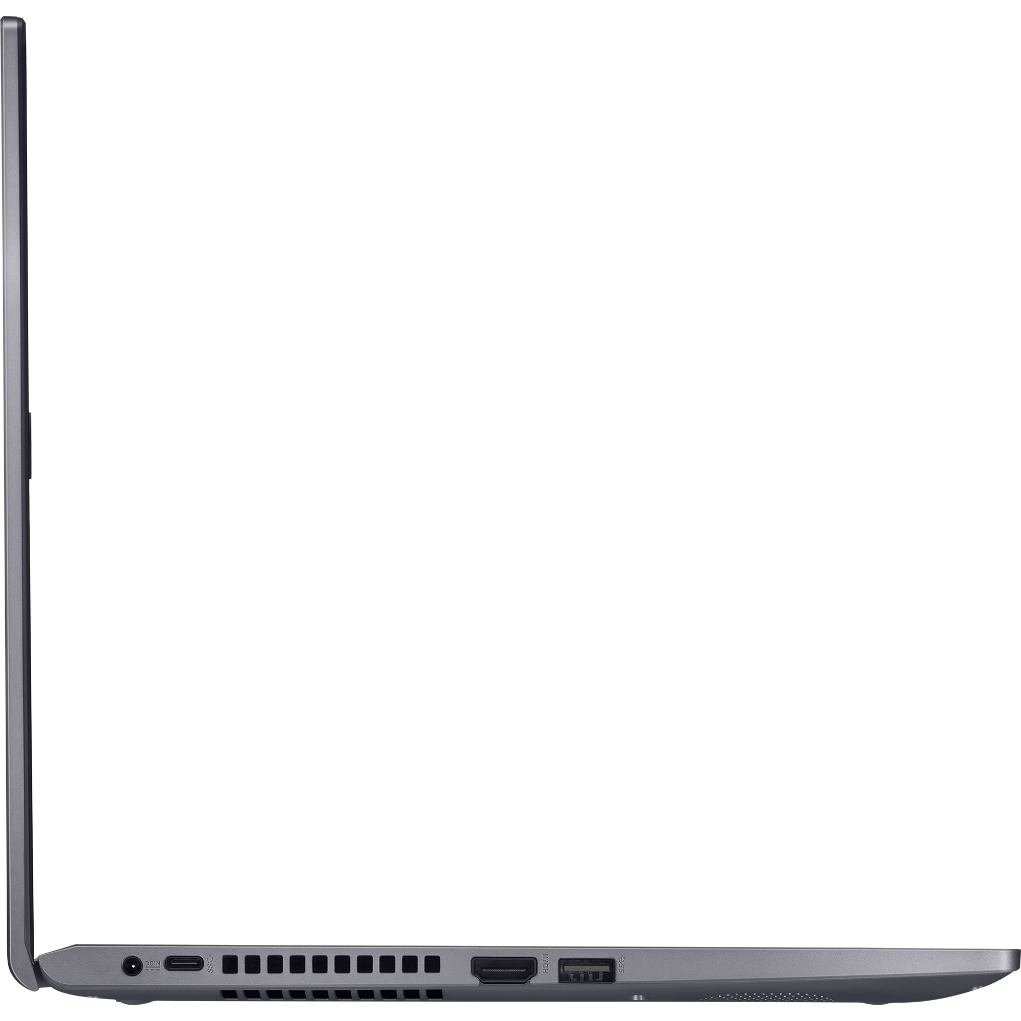 Vista laterale di un laptop grigio scuro chiuso. Le porte sono visibili sul lato, inclusa una porta USB-C.