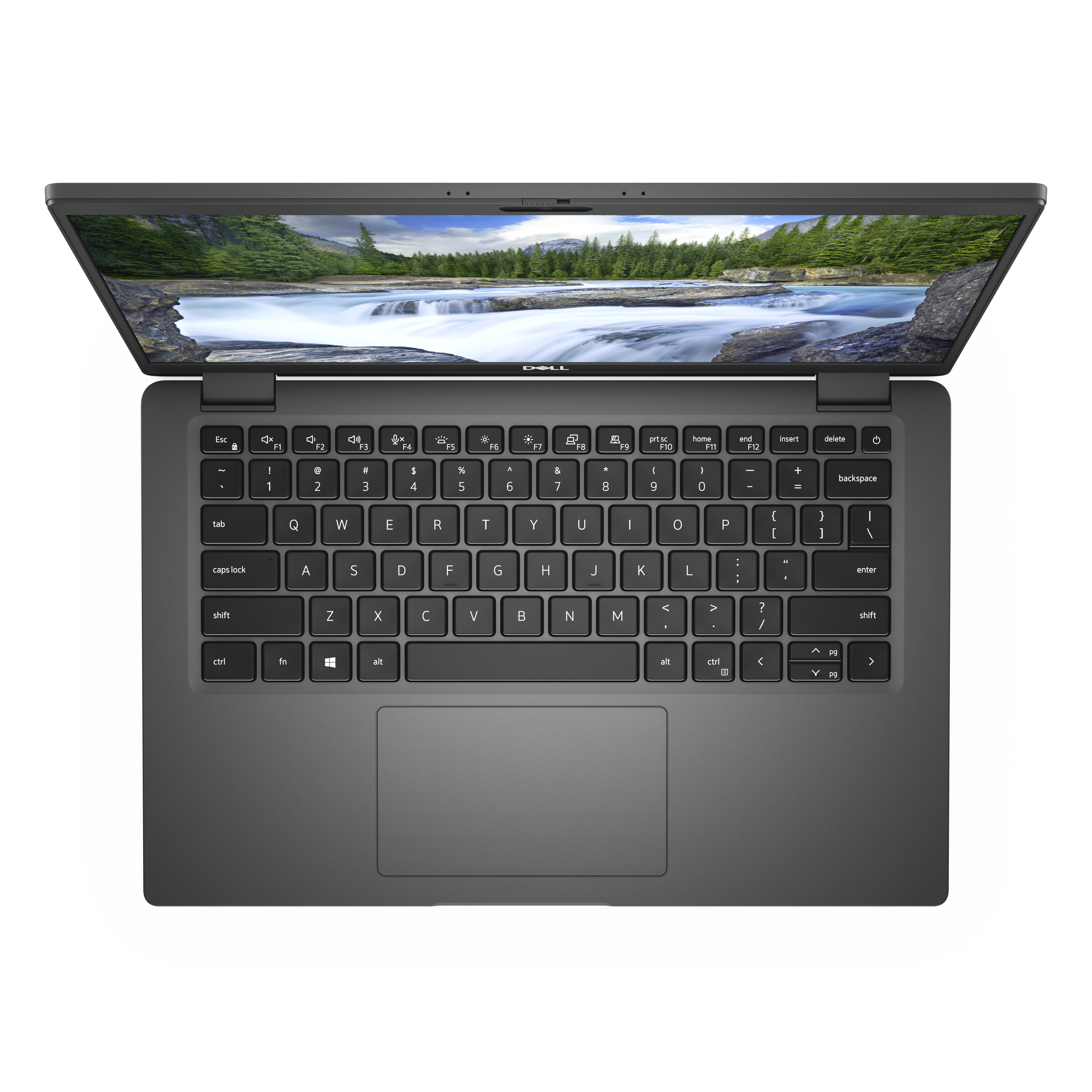 Laptop Dell, aperto, rivolto verso l'alto. Tastiera visibile. Schermo mostra cascata.