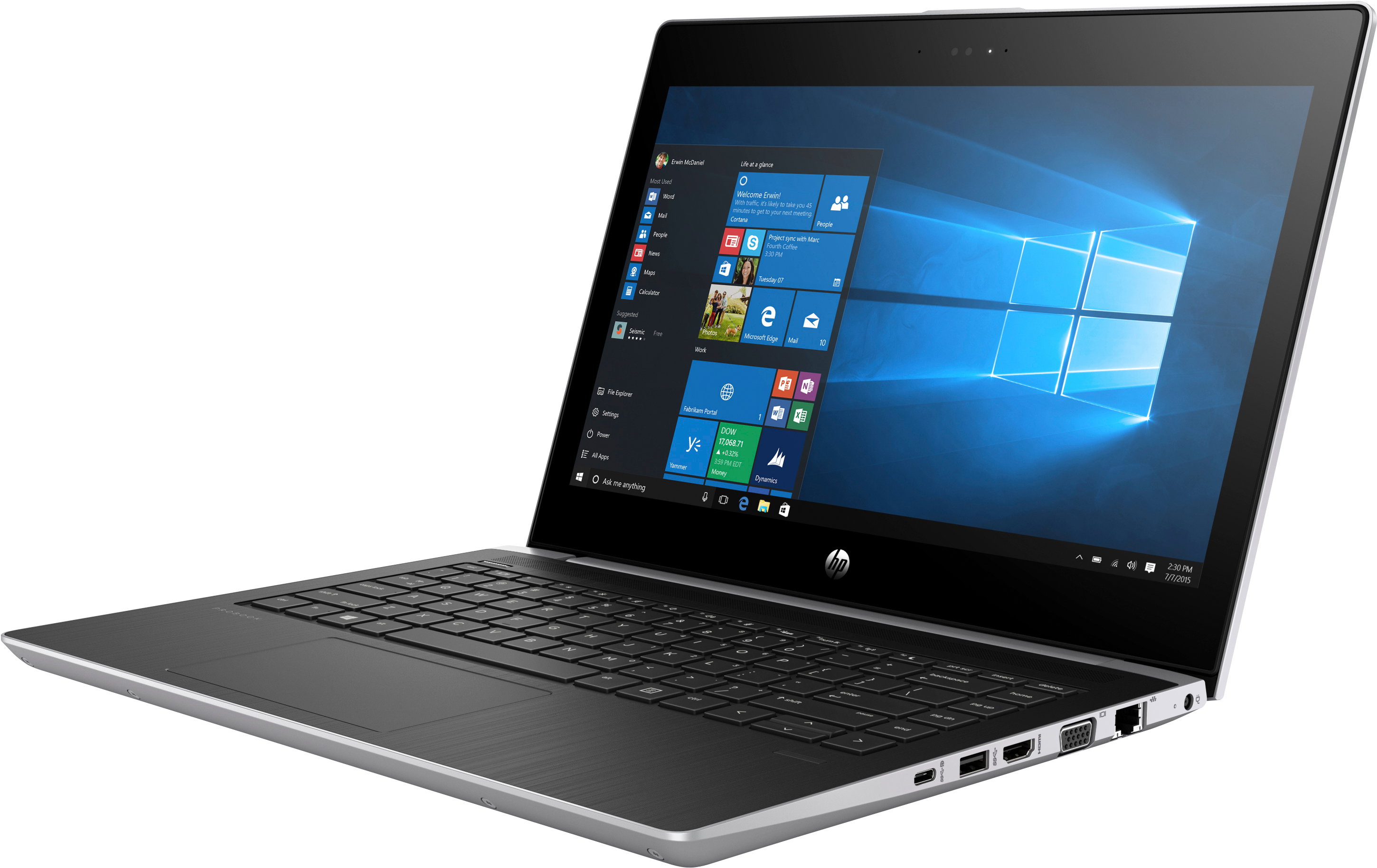 Laptop aperto, mostra l'interfaccia Windows. Tastiera nera, corpo argentato.