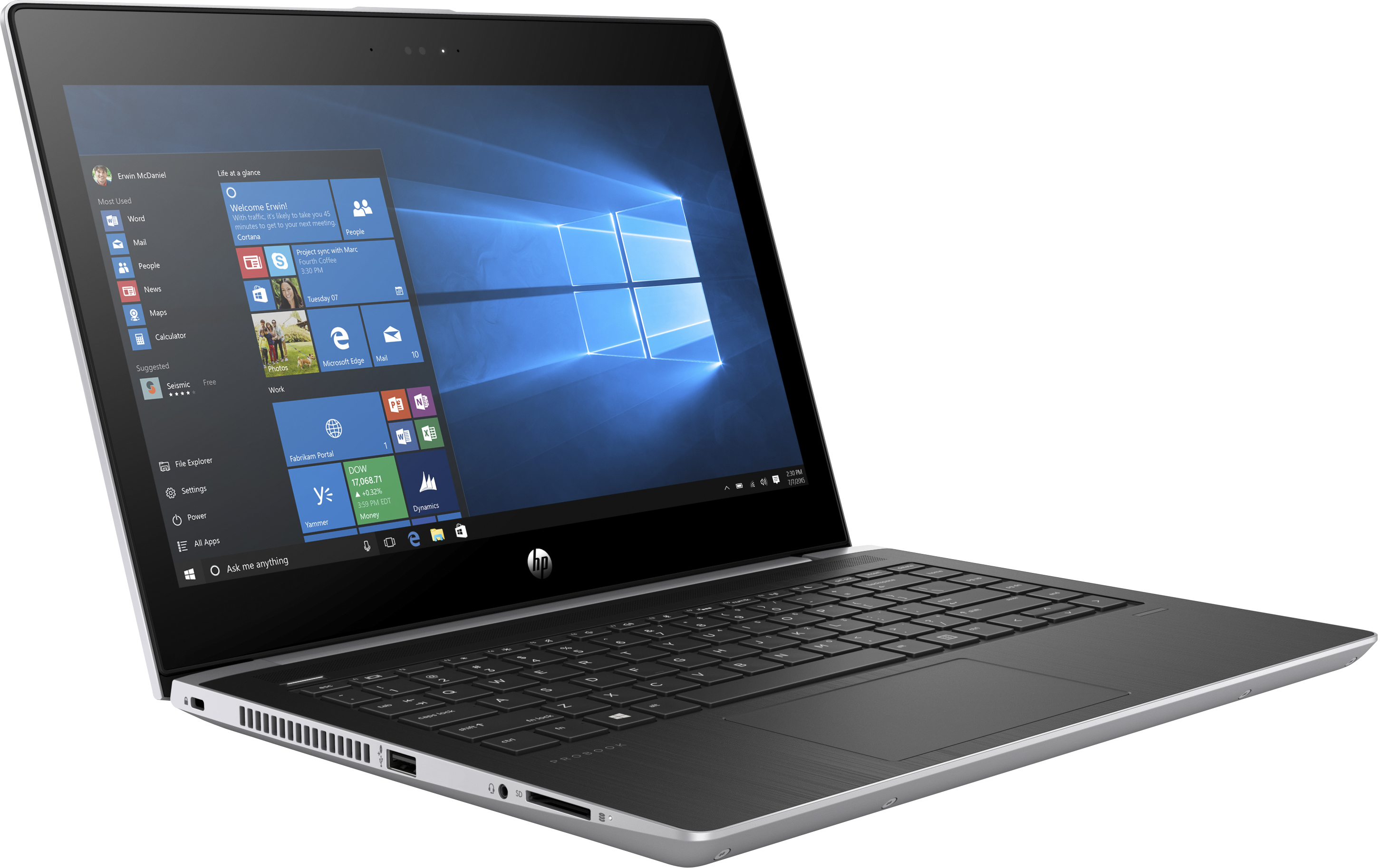 Laptop nero e argento con schermo Windows, aperto. Tastiera visibile. Logo HP sul coperchio.