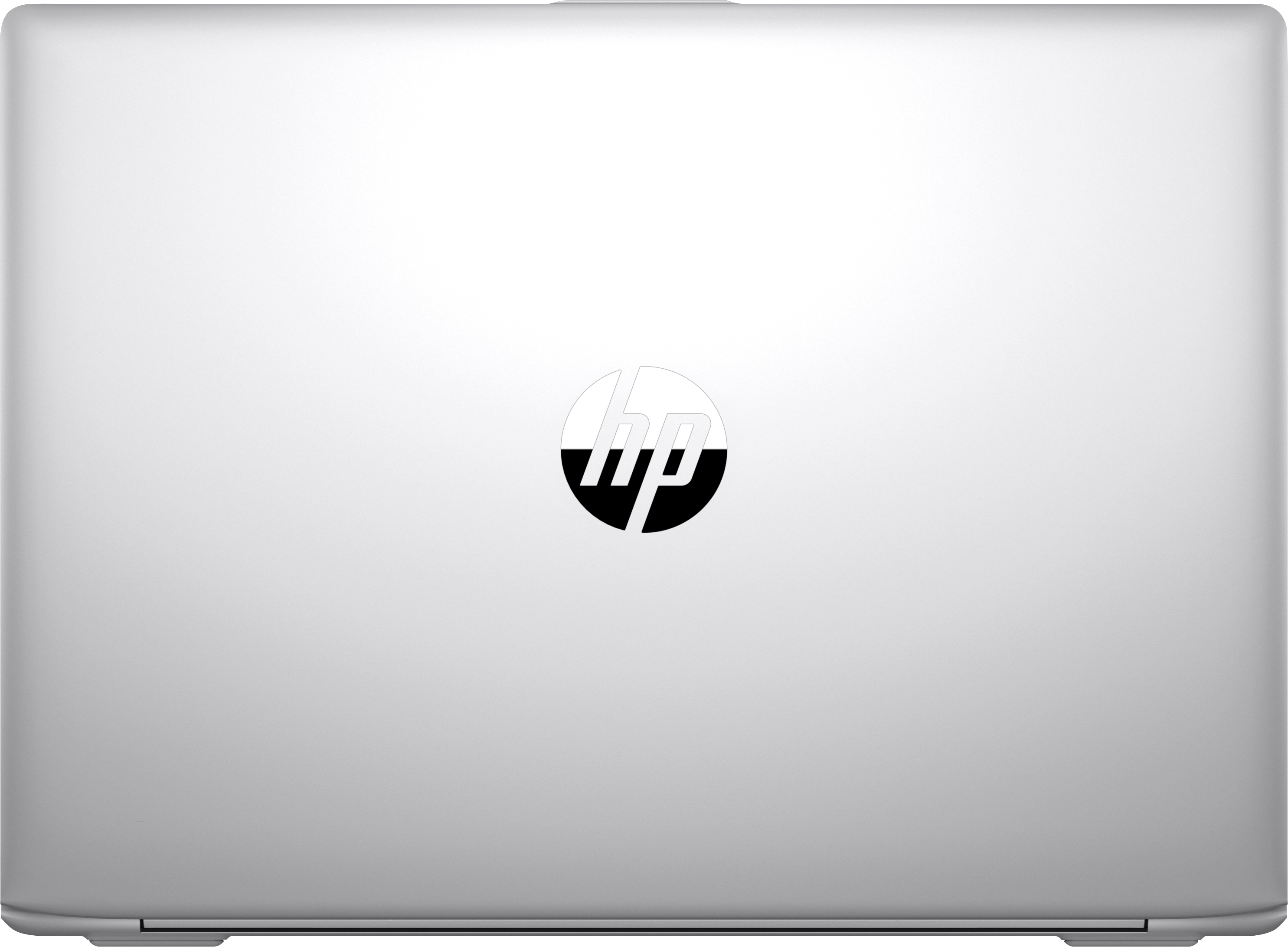 Coperchio laptop HP argento con logo HP. Lo sfondo è bianco.