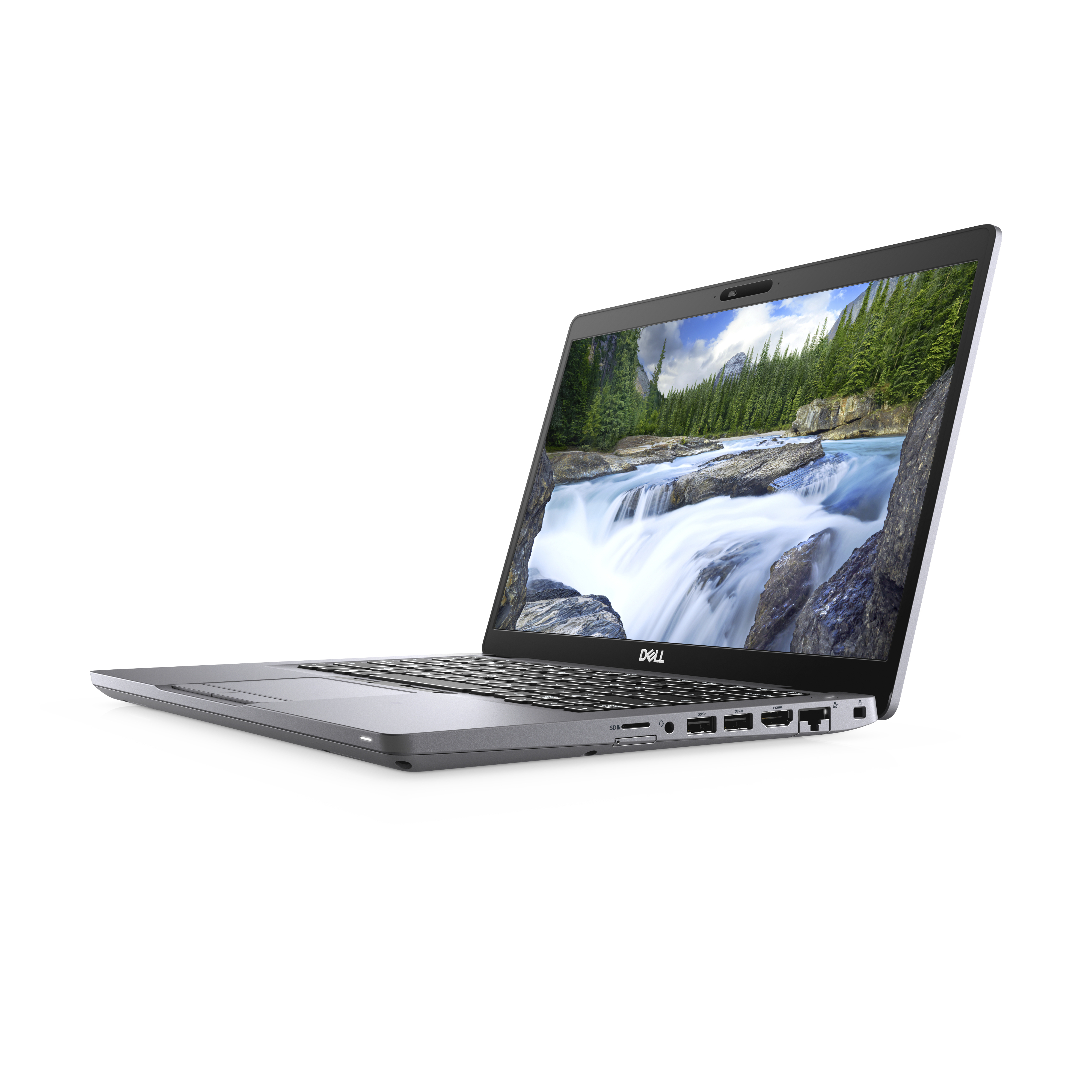 Silberner Laptop mit einem Wasserfallbild auf dem Bildschirm. Der Laptop steht auf einer weißen Oberfläche.