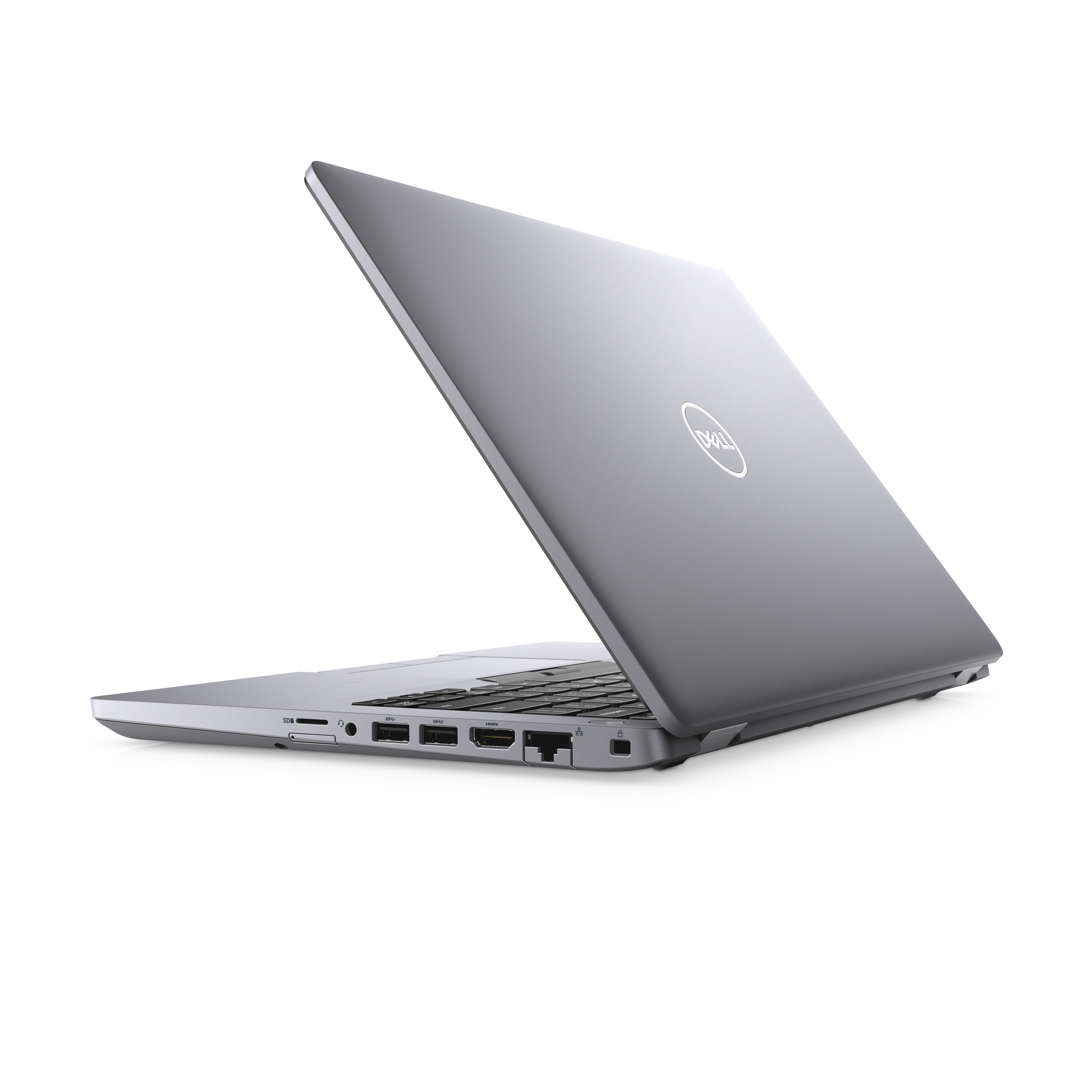 Silberner Laptop, leicht geöffnet, mit Anschlüssen und Dell-Logo.
