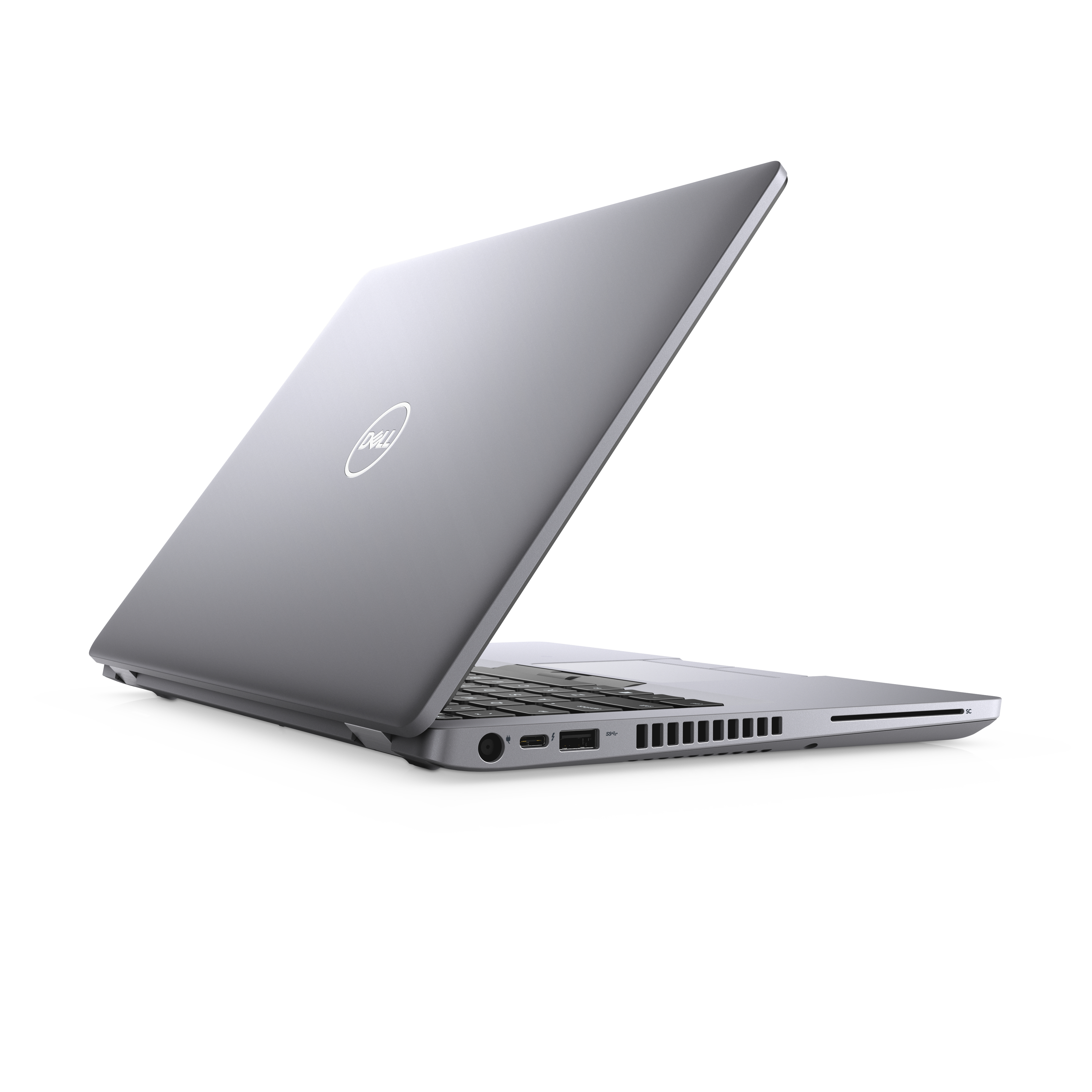 Silberner Laptop, leicht geöffnet, zeigt Tastatur und Anschlüsse. Das Logo ist auf der Oberseite sichtbar.