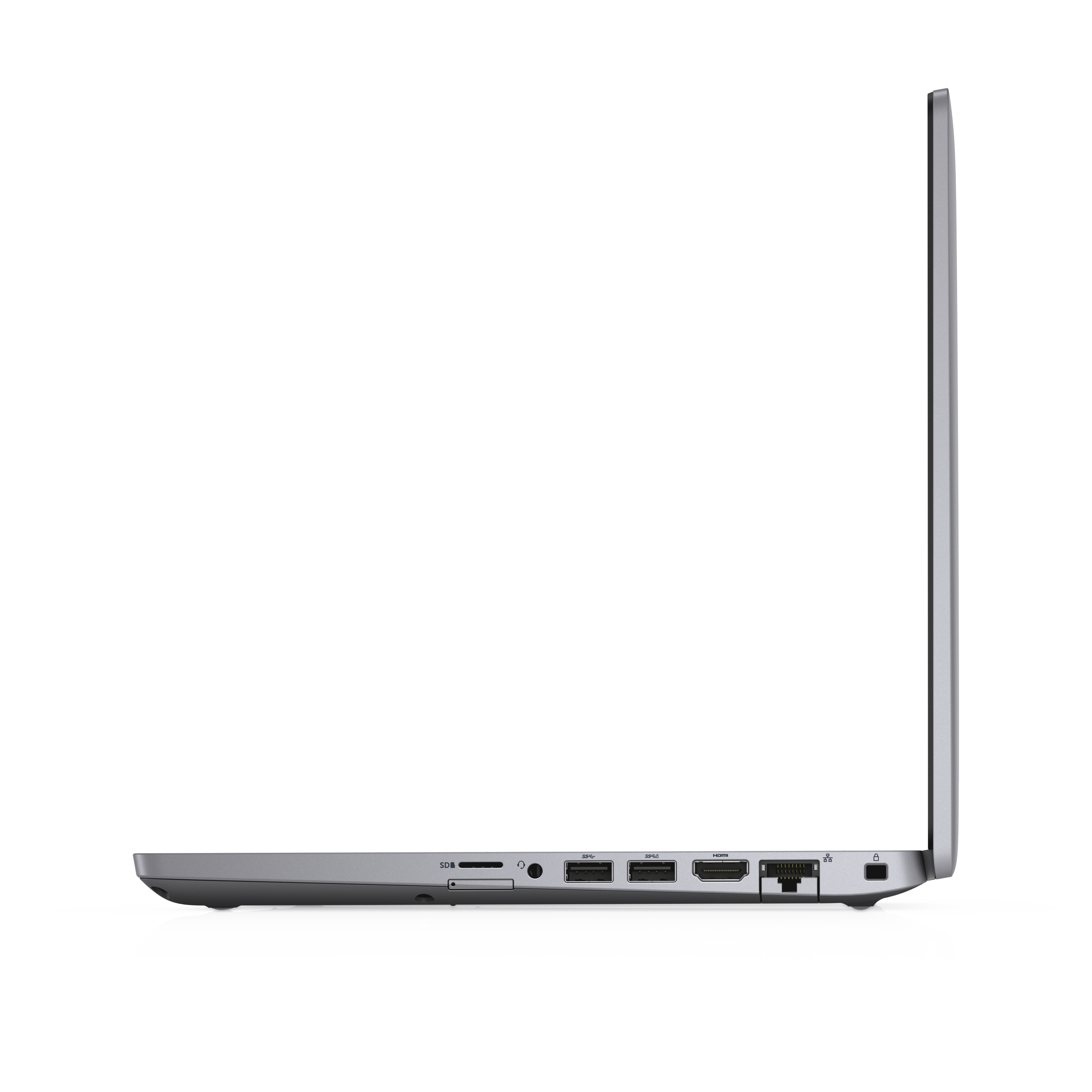Seitenansicht eines silbernen Laptops. Anschlüsse sind an der Seite sichtbar. Der Bildschirm ist geschlossen.