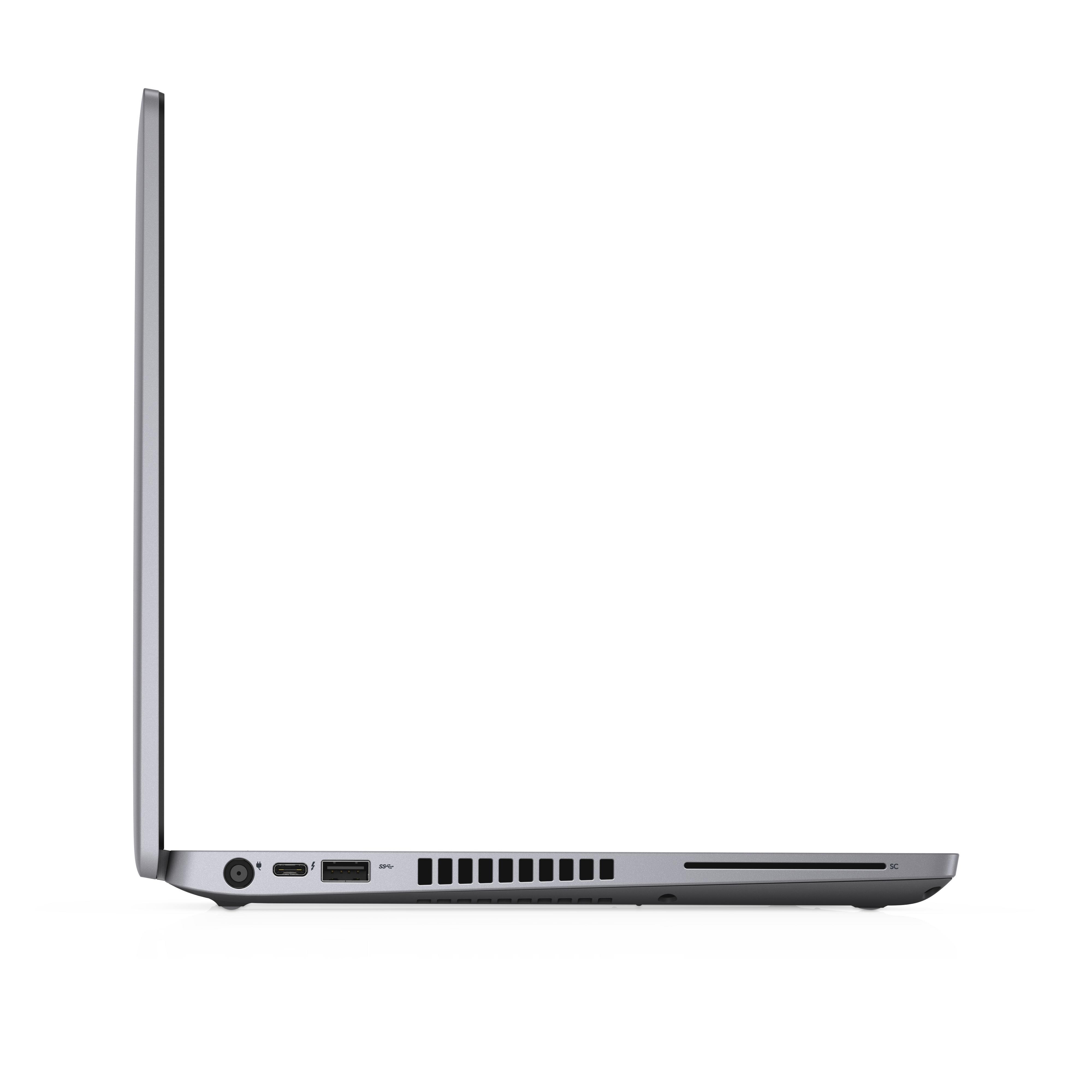 Seitenansicht eines grauen Laptops. Anschlüsse an der Seite. Schwarze Lüftungsschlitze. Weißer Hintergrund.