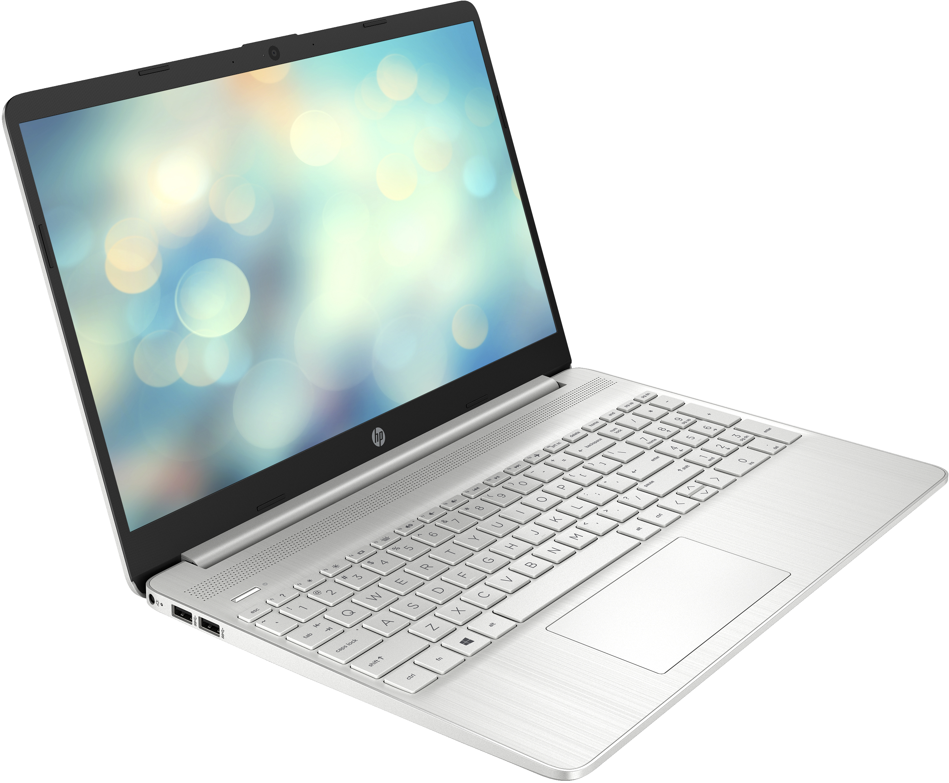 Ein silberner Laptop ist geöffnet und zeigt einen verschwommenen Hintergrund. Die Tastatur ist sichtbar. Das HP-Logo ist zu sehen.