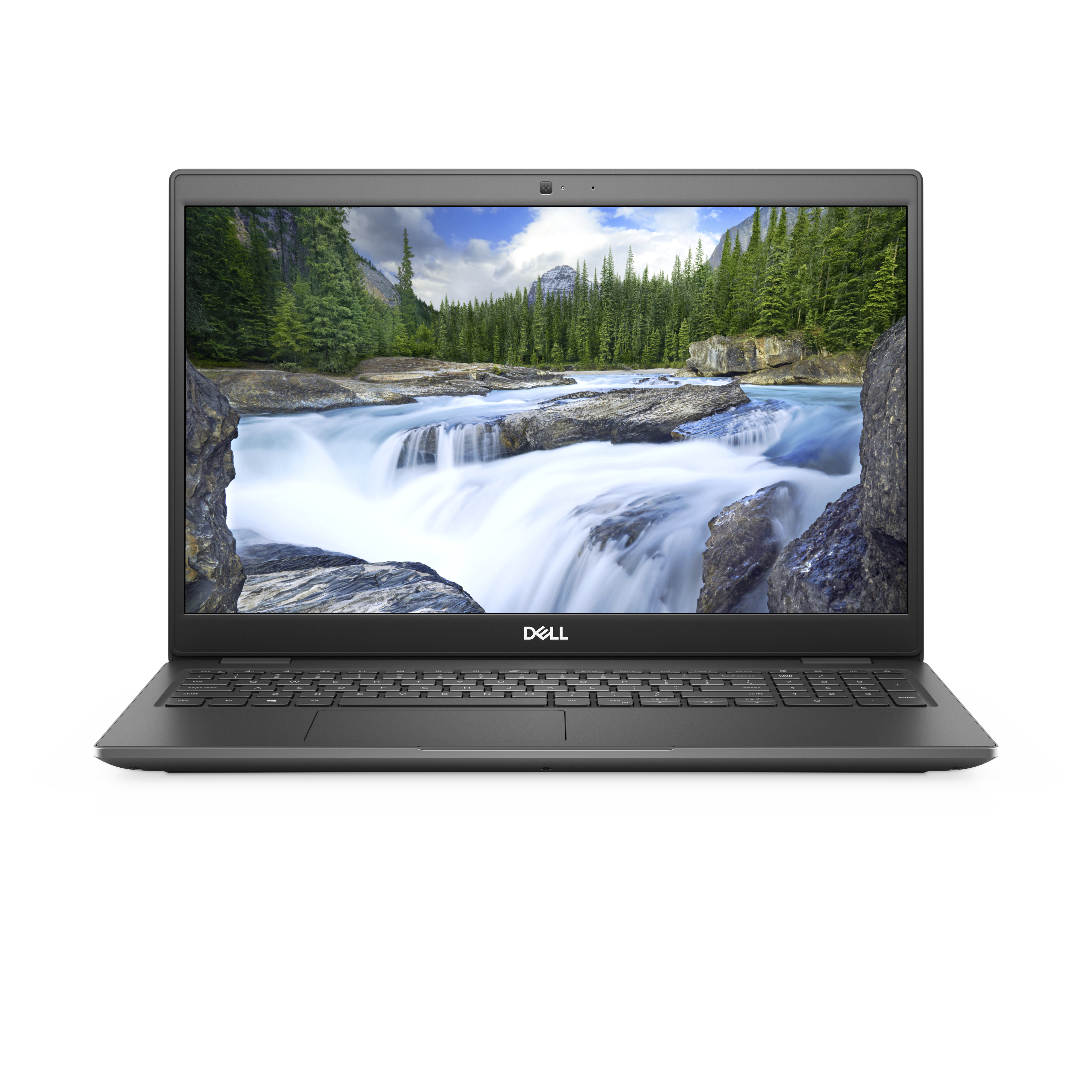 Laptop Dell aperto su sfondo bianco. Lo schermo mostra una scena di cascata con alberi e fiume.