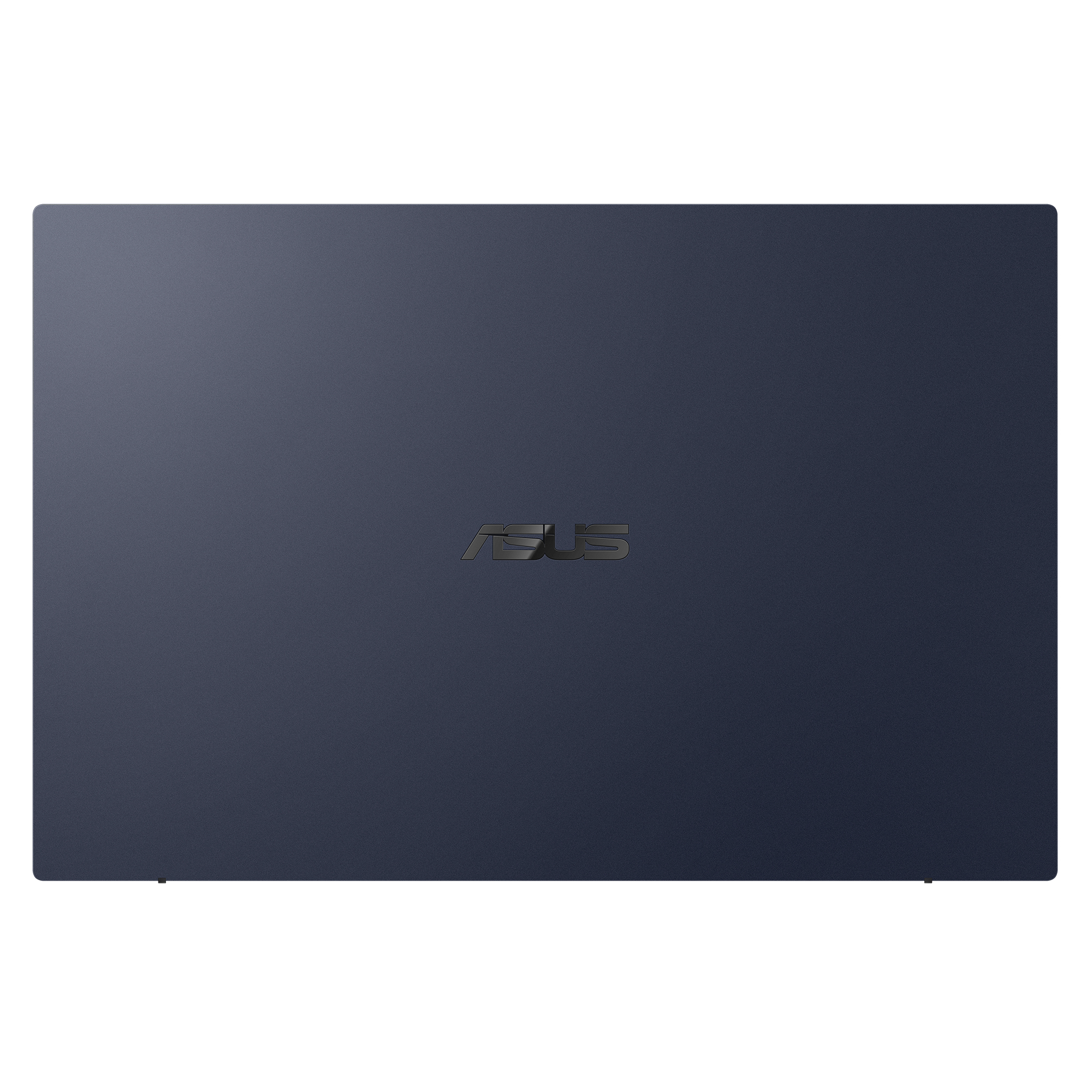 Vista posteriore del laptop. Il laptop è blu scuro, il logo ASUS è al centro.