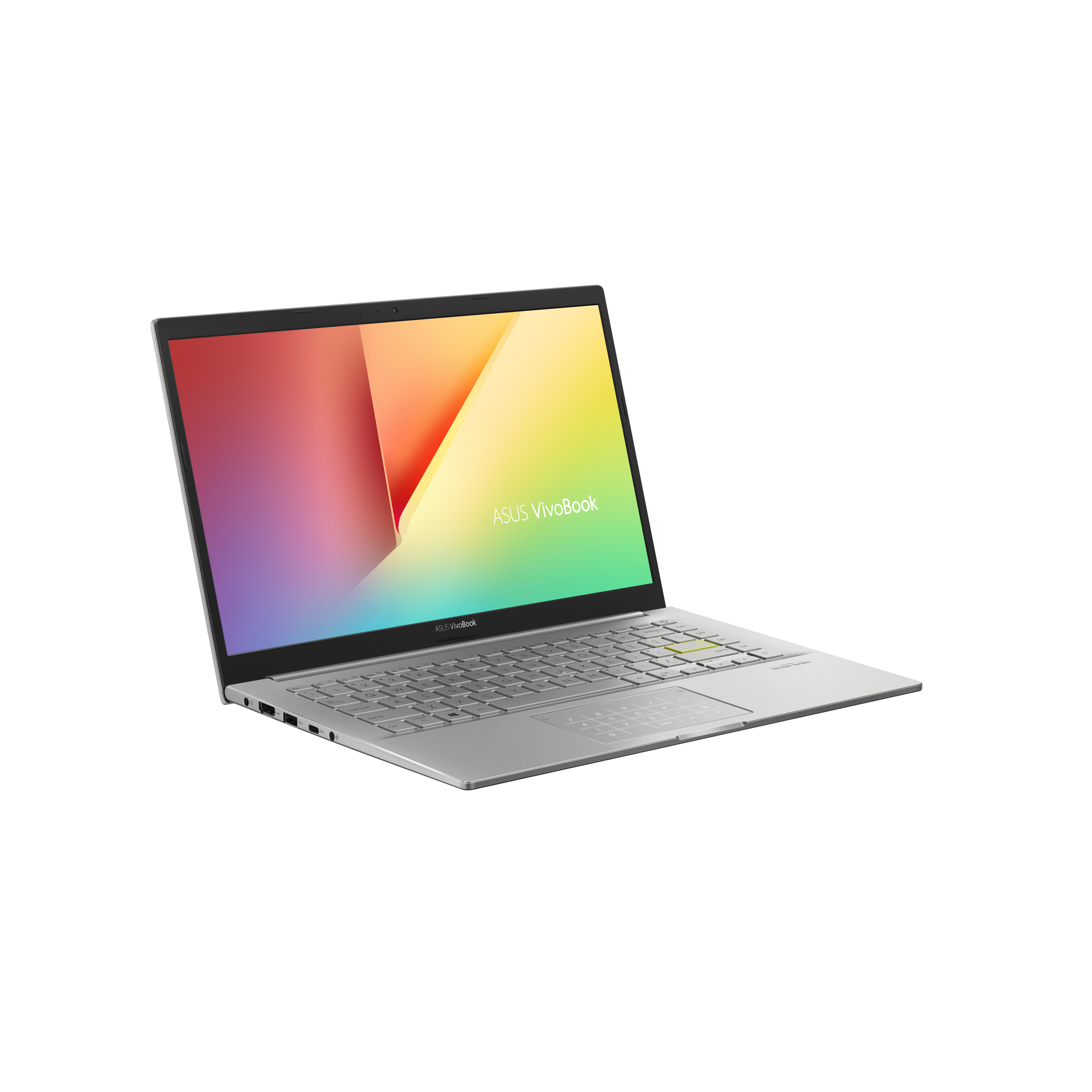 Portátil plateado, abierto, con pantalla colorida. Logotipo de ASUS Vivobook visible. Fondo blanco.