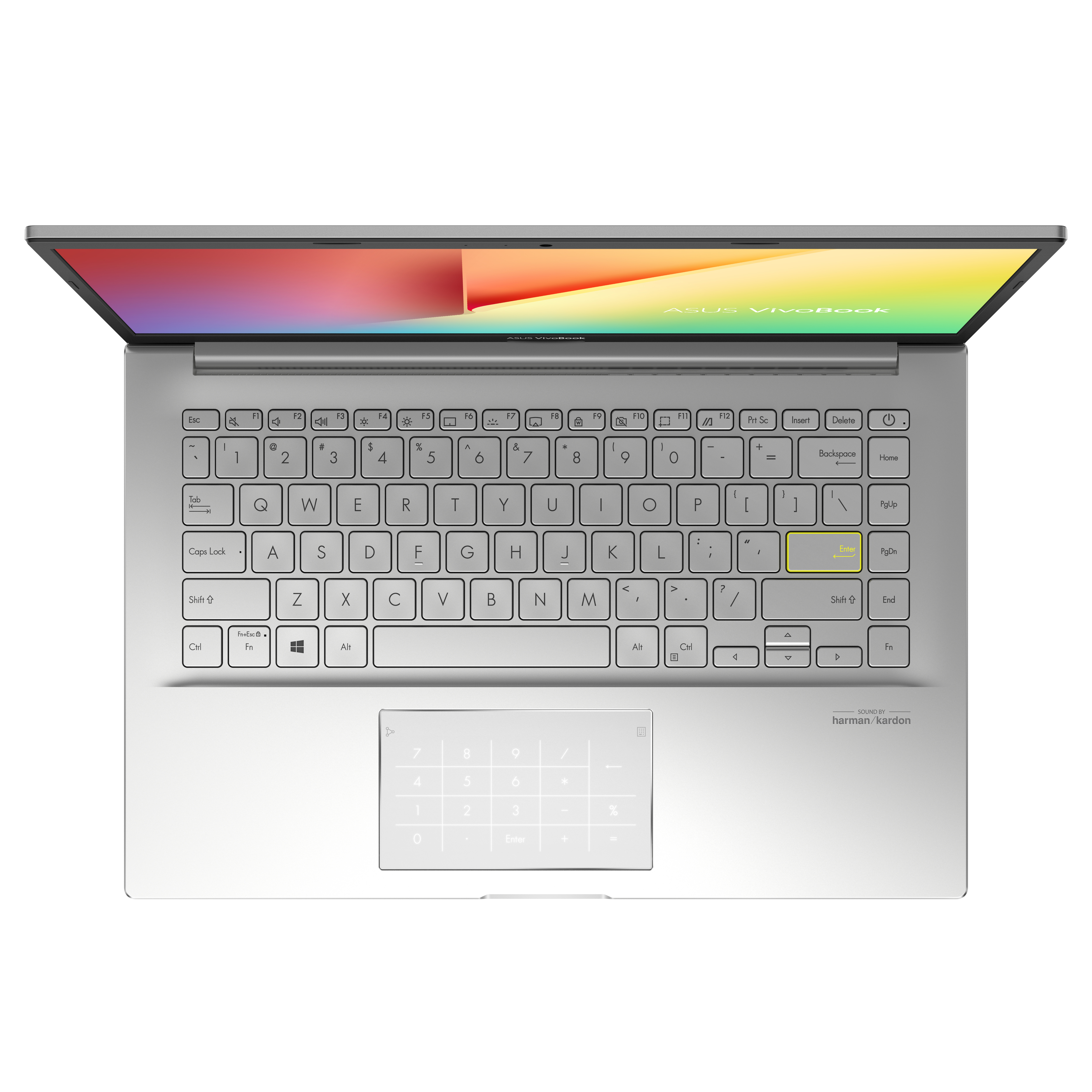 Portátil desde arriba, abierto, teclado visible, la pantalla muestra un escritorio colorido, fondo blanco.