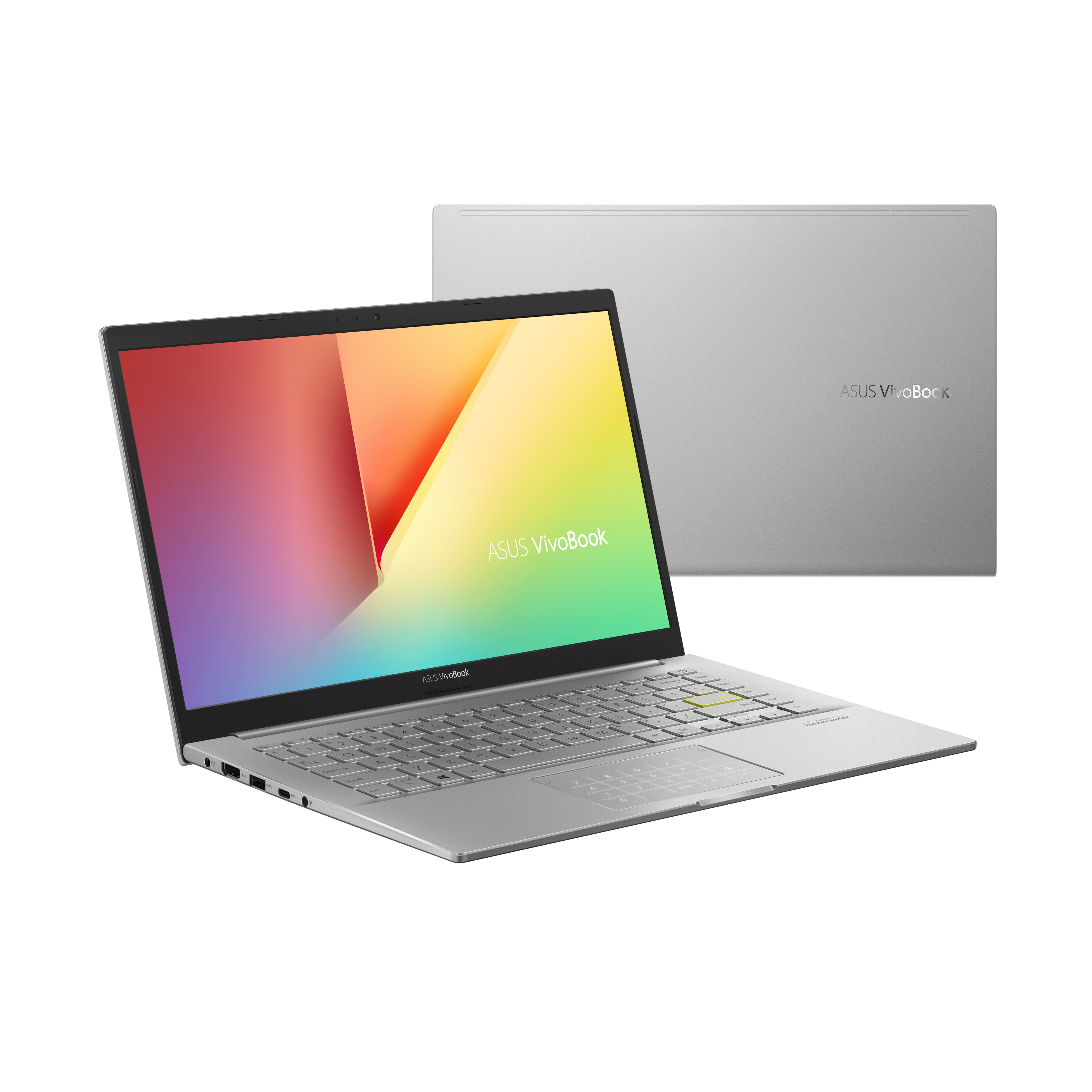 Portátil ASUS Vivobook plateado con un segundo portátil. Fondo blanco.