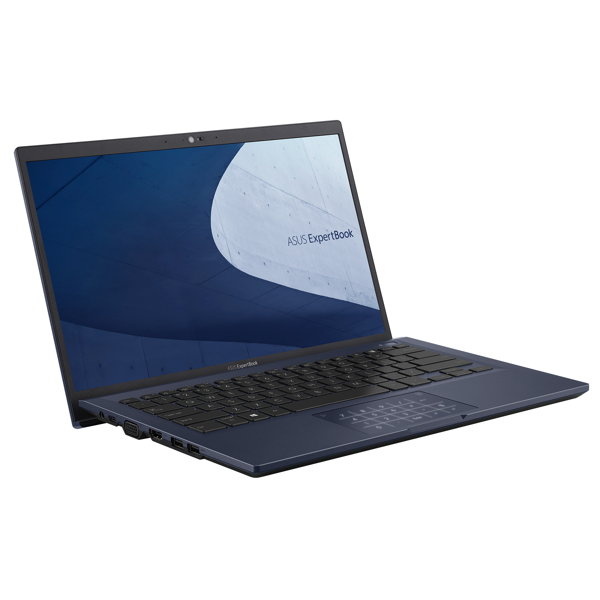 Portátil ASUS ExpertBook azul oscuro. Abierto, en ángulo. Teclado negro, panel táctil azul claro. Fondo blanco.
