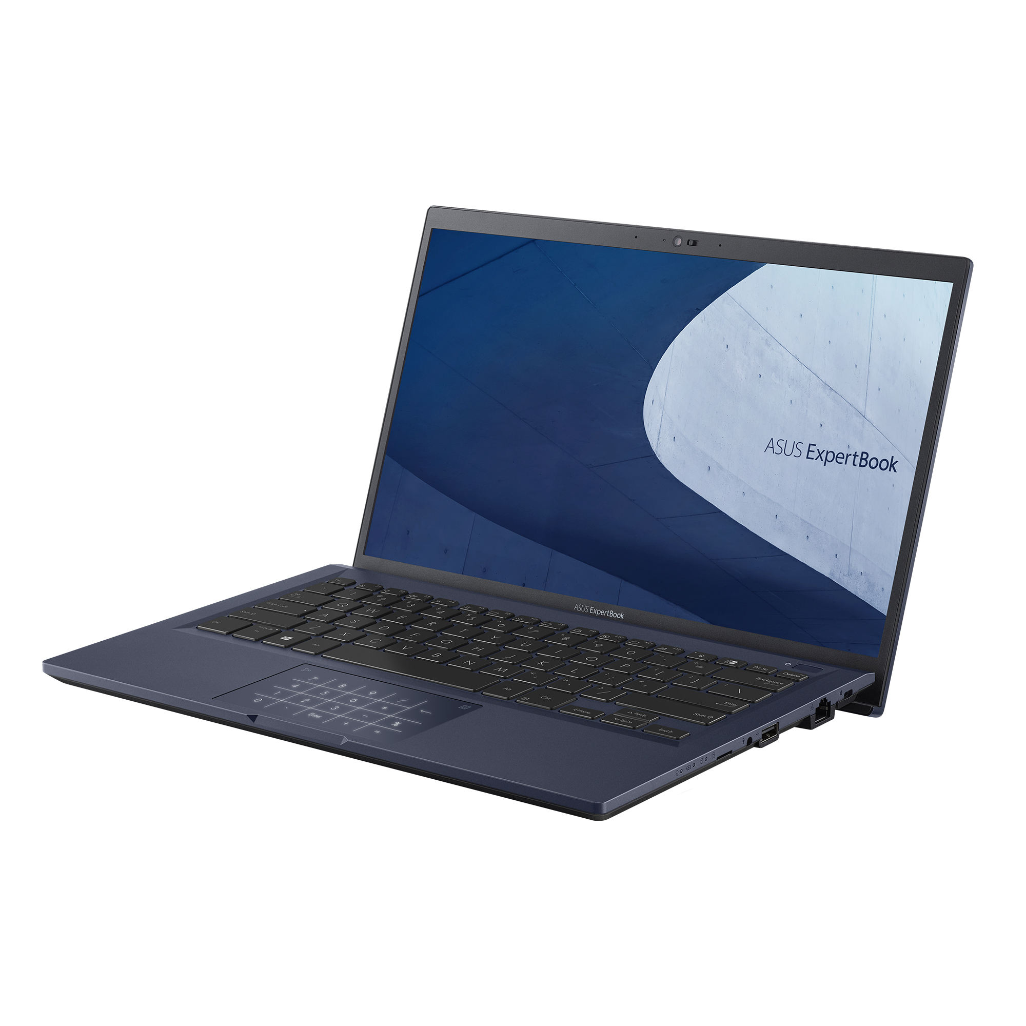 Laptop azul, abierto. Logo ASUS ExpertBook en pantalla. Teclado y trackpad visibles. Fondo blanco.