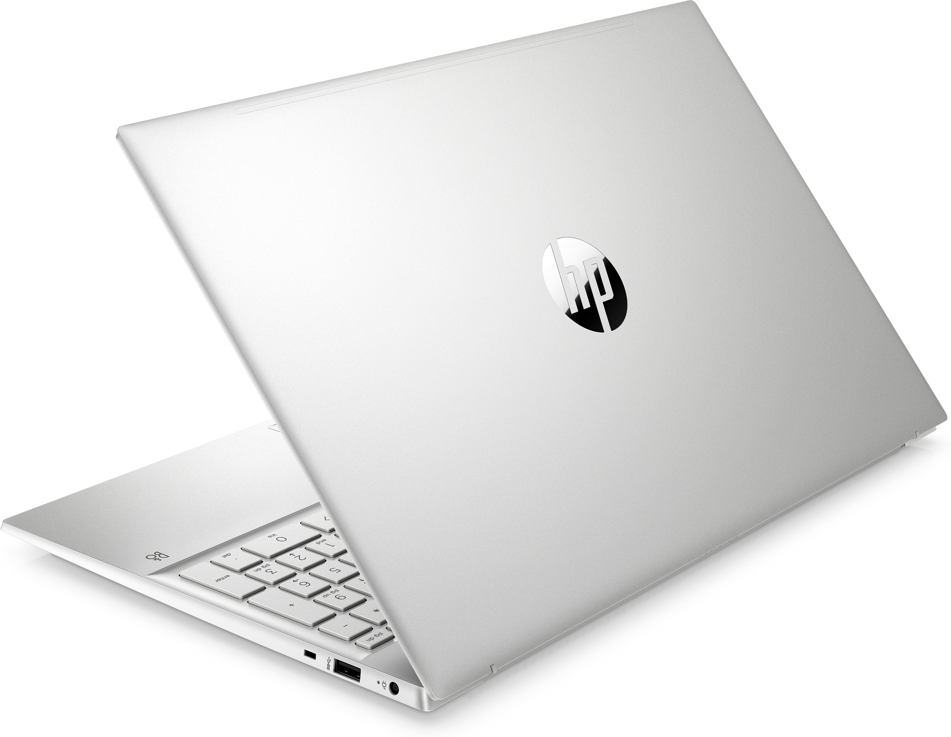 Srebrny laptop, widok z tyłu, częściowo otwarty, widoczne logo. Białe tło.