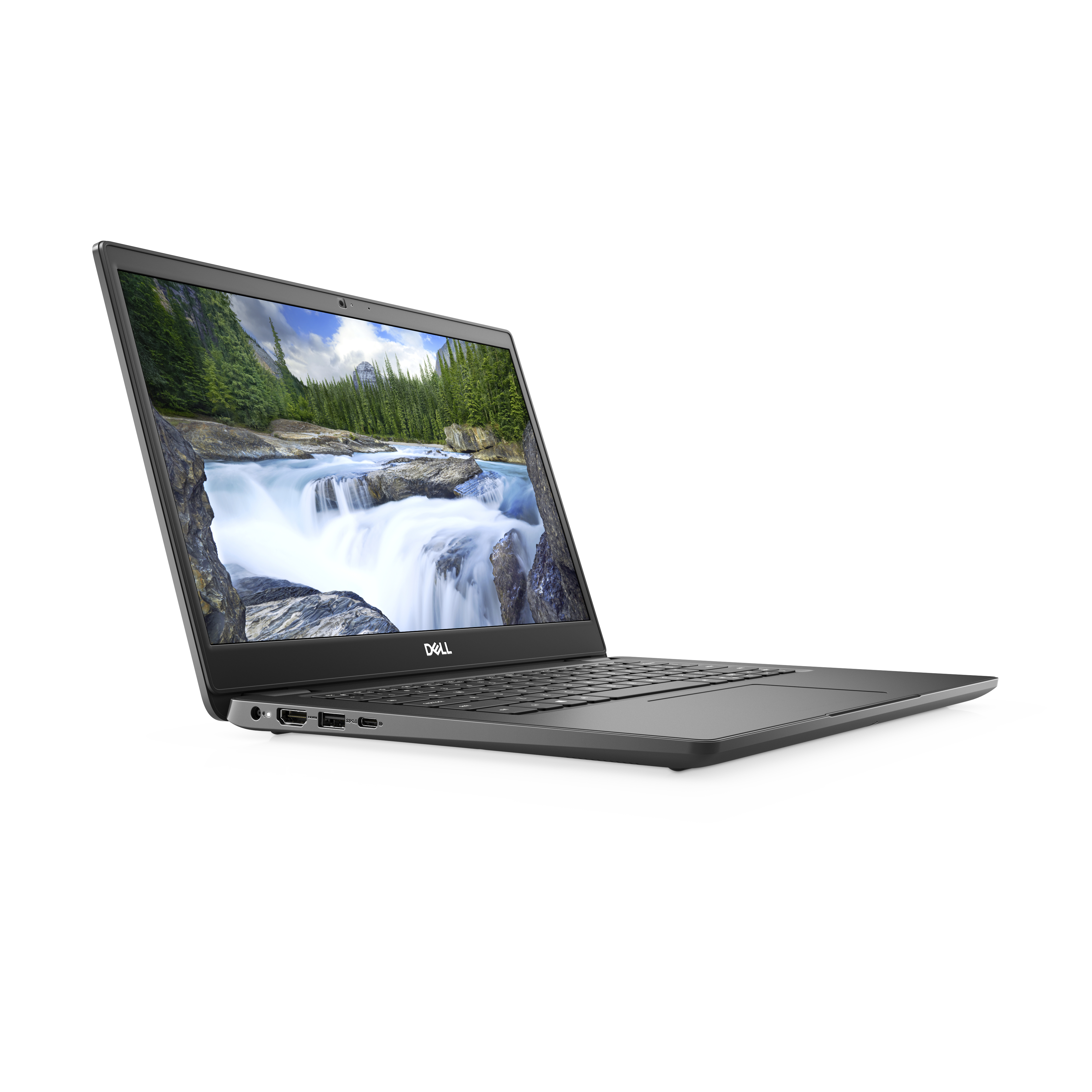 Laptop, vista angolata, che mostra schermo con cascata, tastiera nera, aperto.
