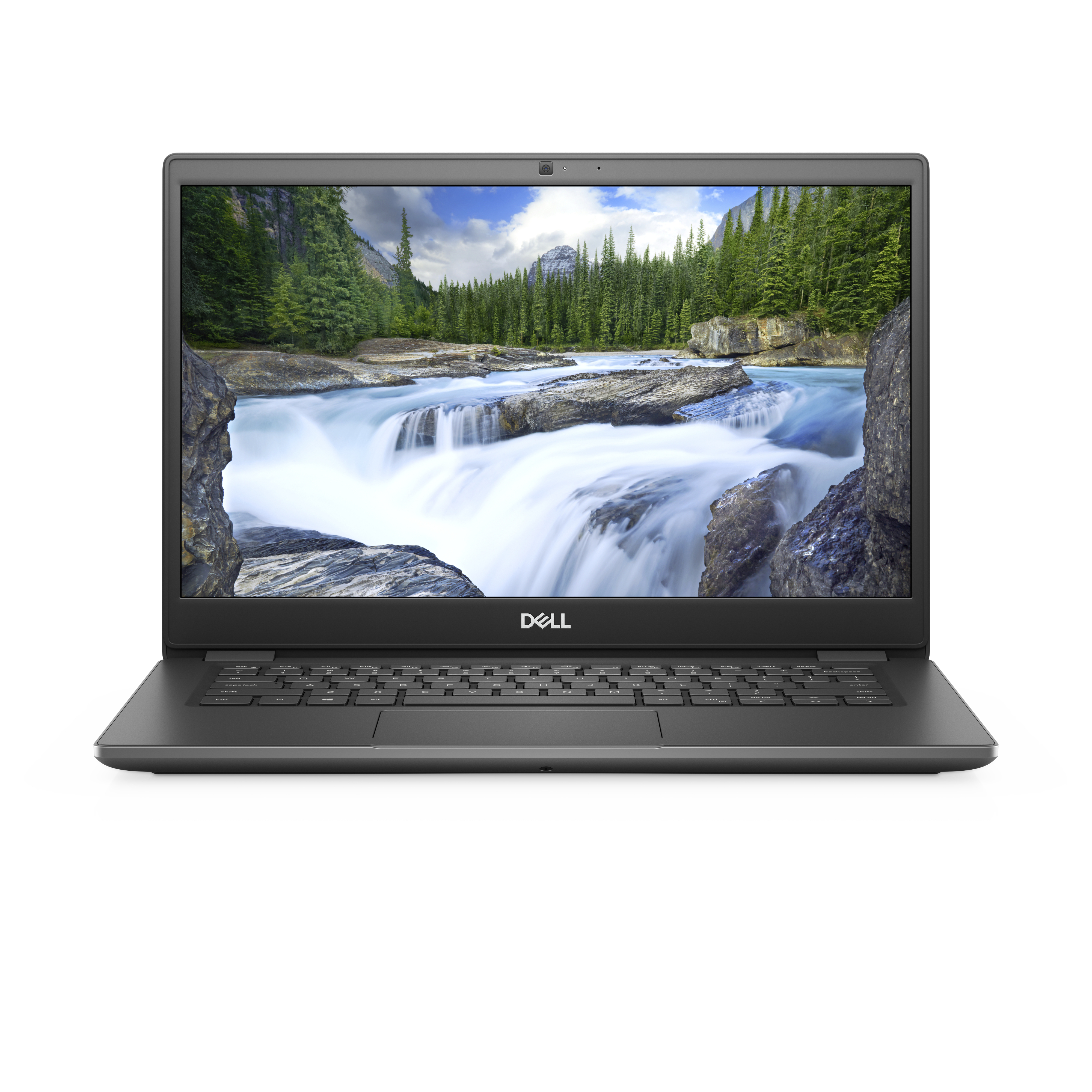 Un laptop è aperto. Lo schermo mostra una scena naturale con una cascata e alberi.