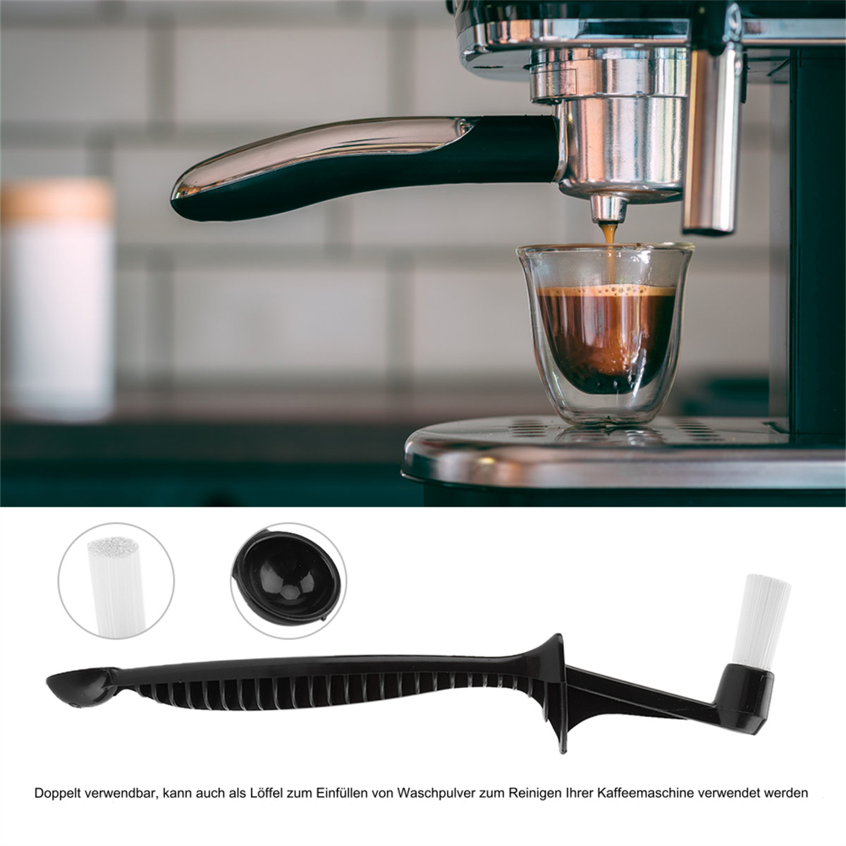 Espressomaschine, die Kaffee in ein Glas gießt. Reinigungsbürste und Schaufel sind ebenfalls abgebildet.
