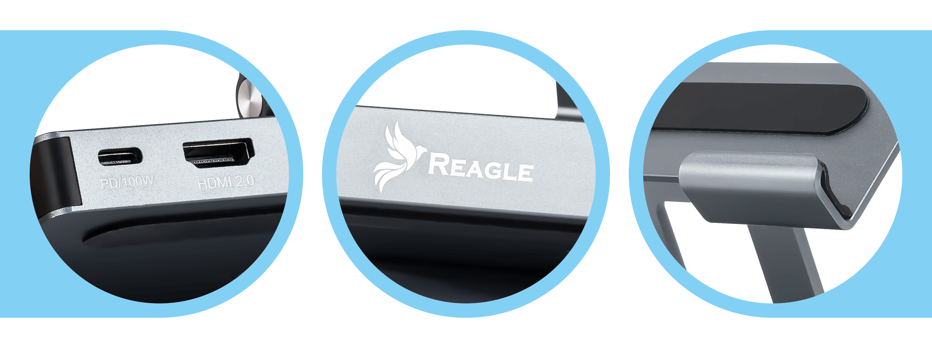 Zbliżenie portów laptopa i logo Reagle.