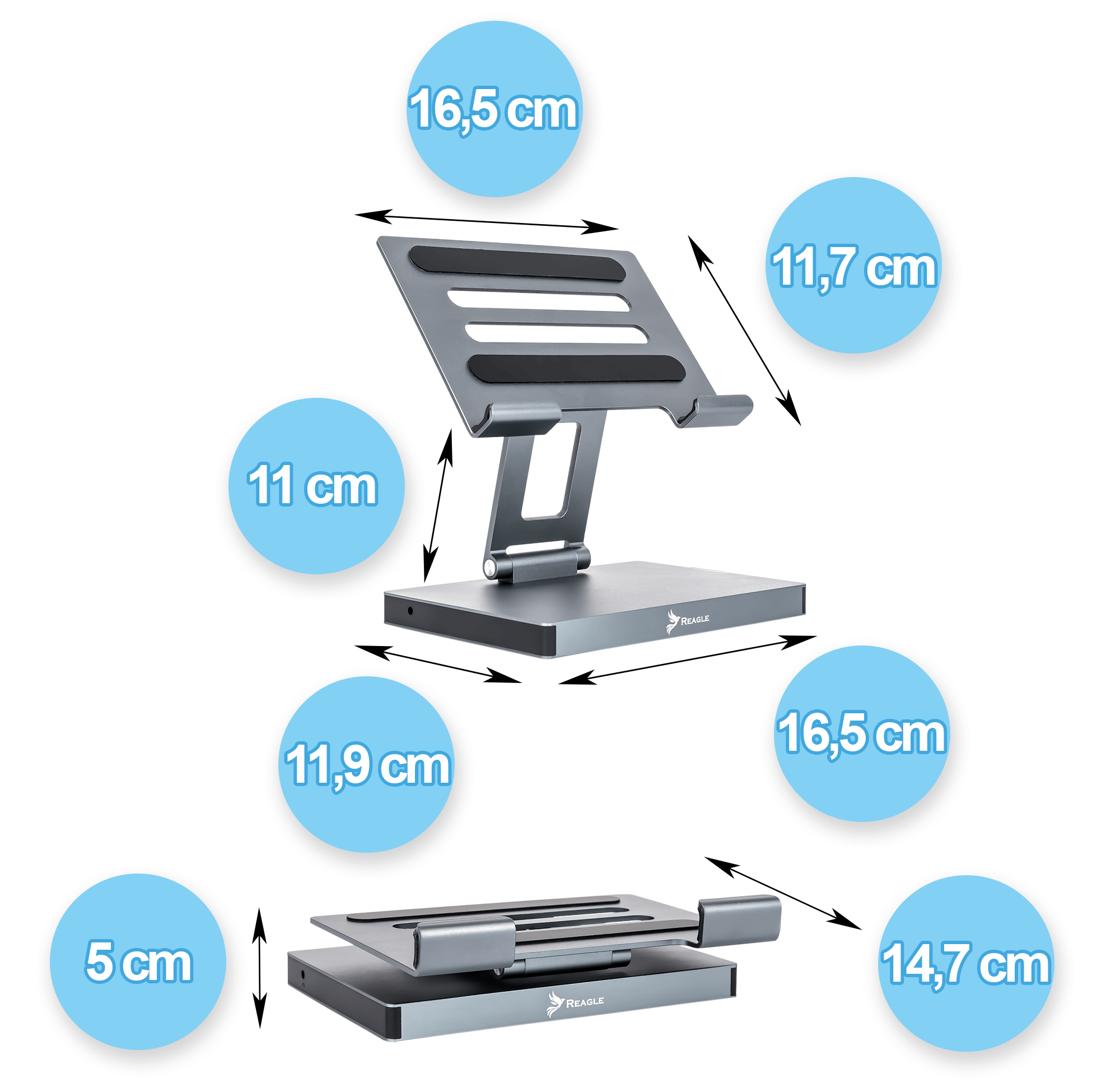 Stojak na laptopa z wymiarami. Jest srebrny i ma składaną konstrukcję.
