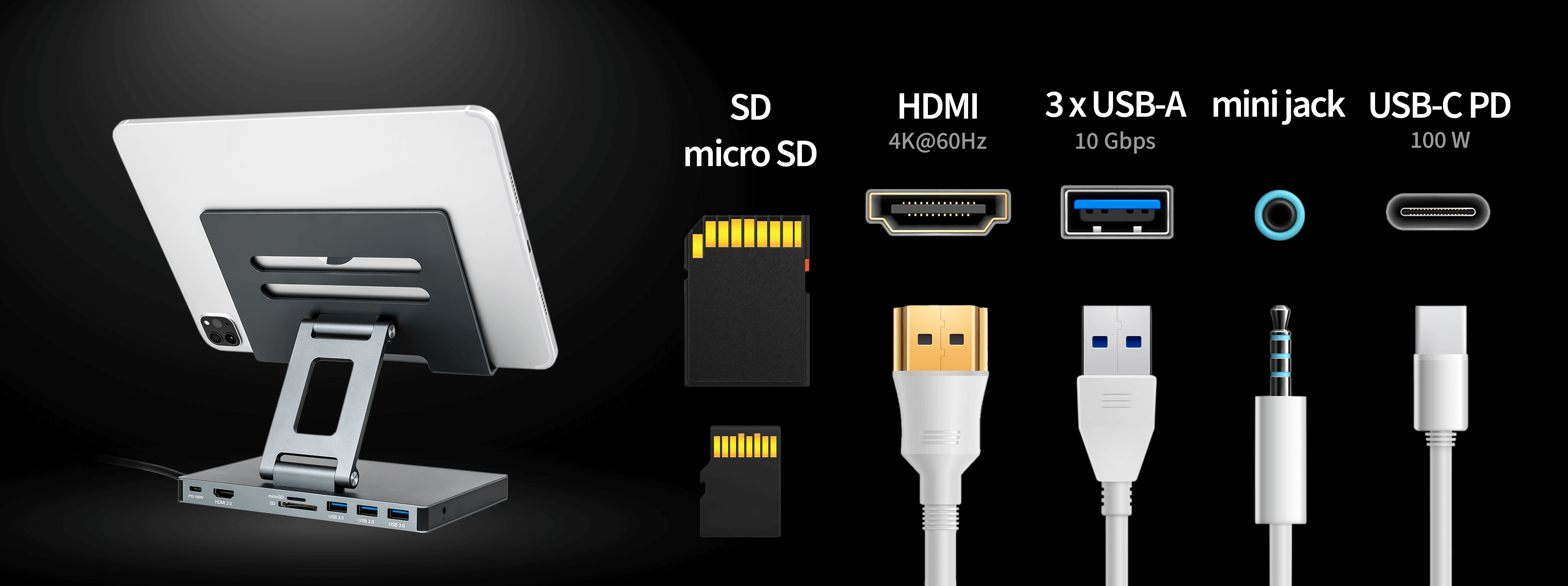 Srebrna stacja dokująca z różnymi portami. Karta SD, HDMI, USB-A, mini jack i USB-C. Czarne tło.