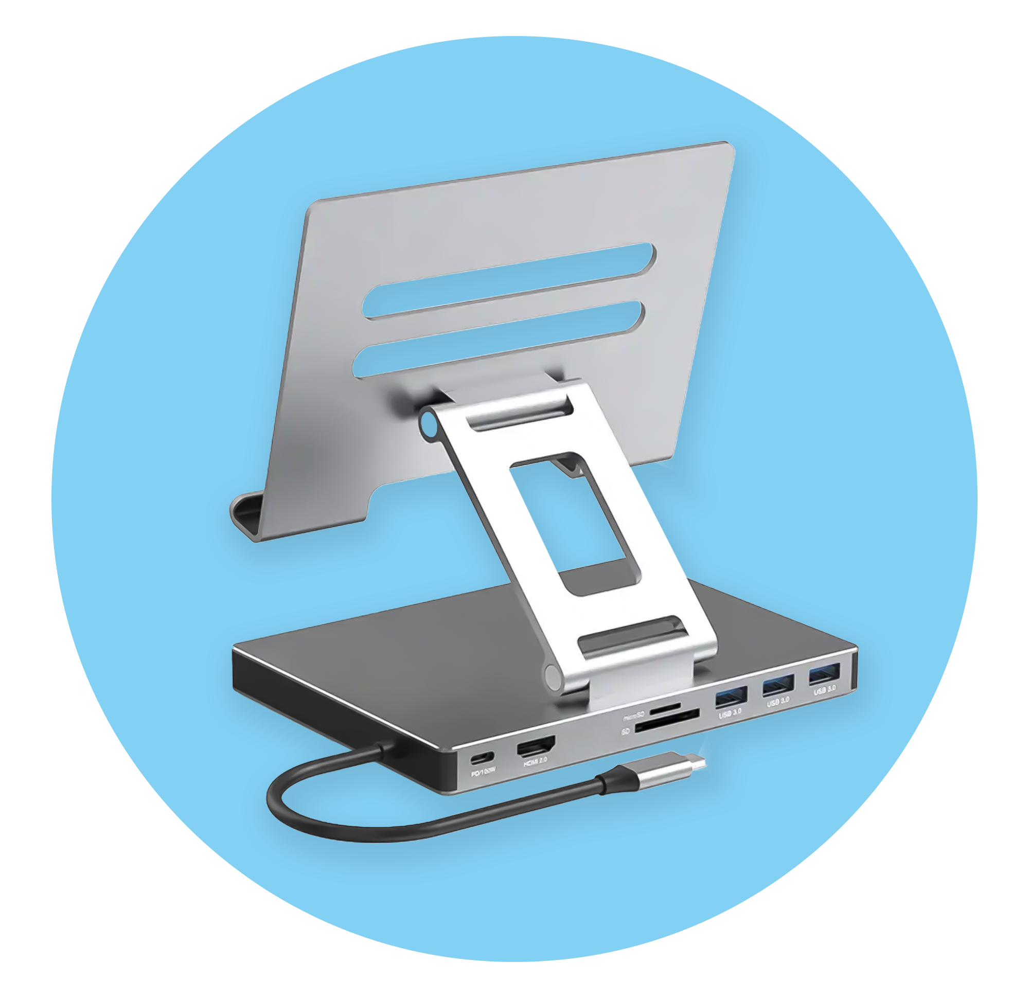 Stojak na laptopa z koncentratorem podłączonym do niebieskiego tła.