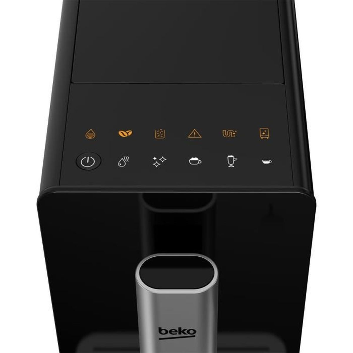 Czarny ekspres do kawy z pomarańczowymi ikonami i srebrnym wylewem.