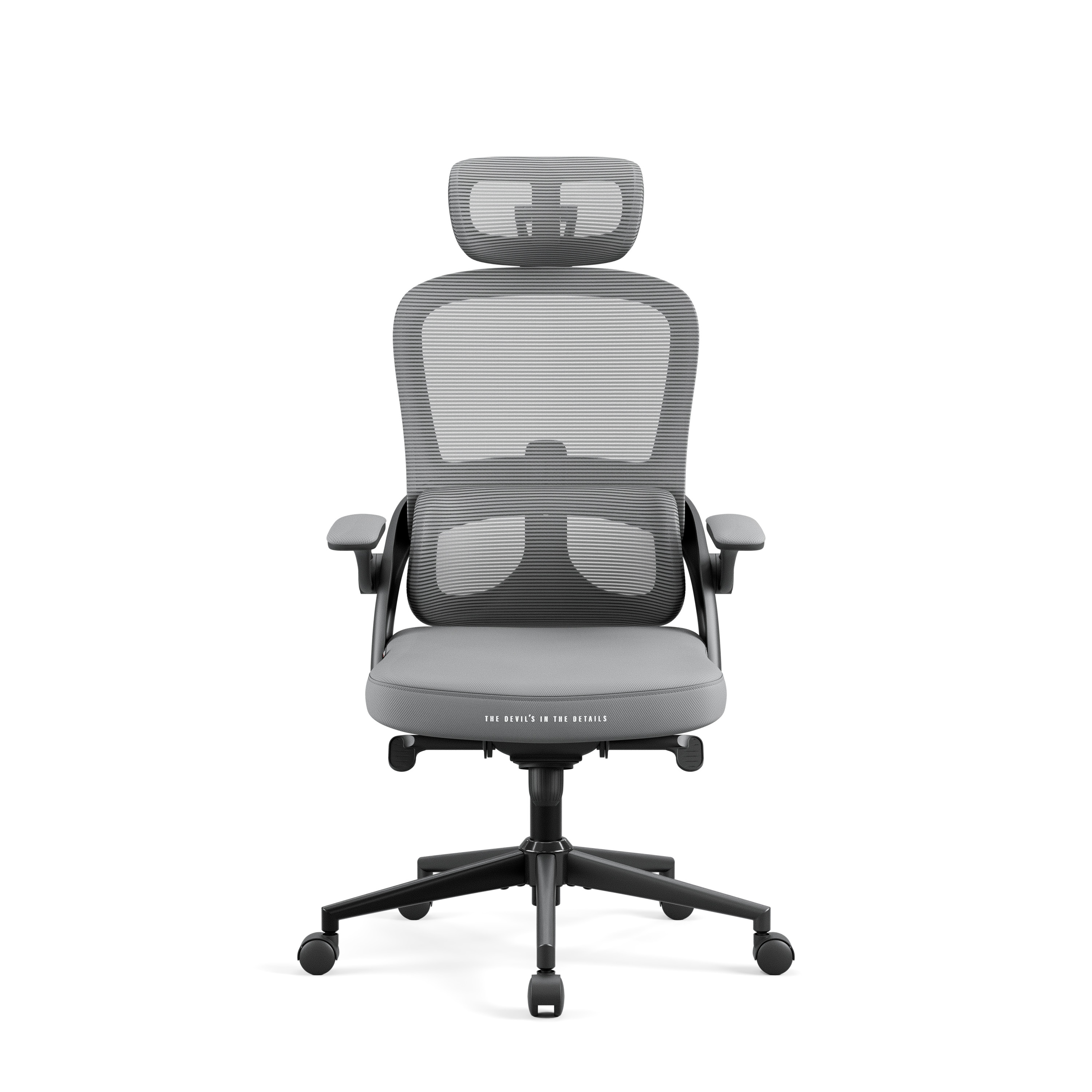 Ein grauer ergonomischer Bürostuhl mit Netzrücken und Kopfstütze auf weißem Hintergrund.