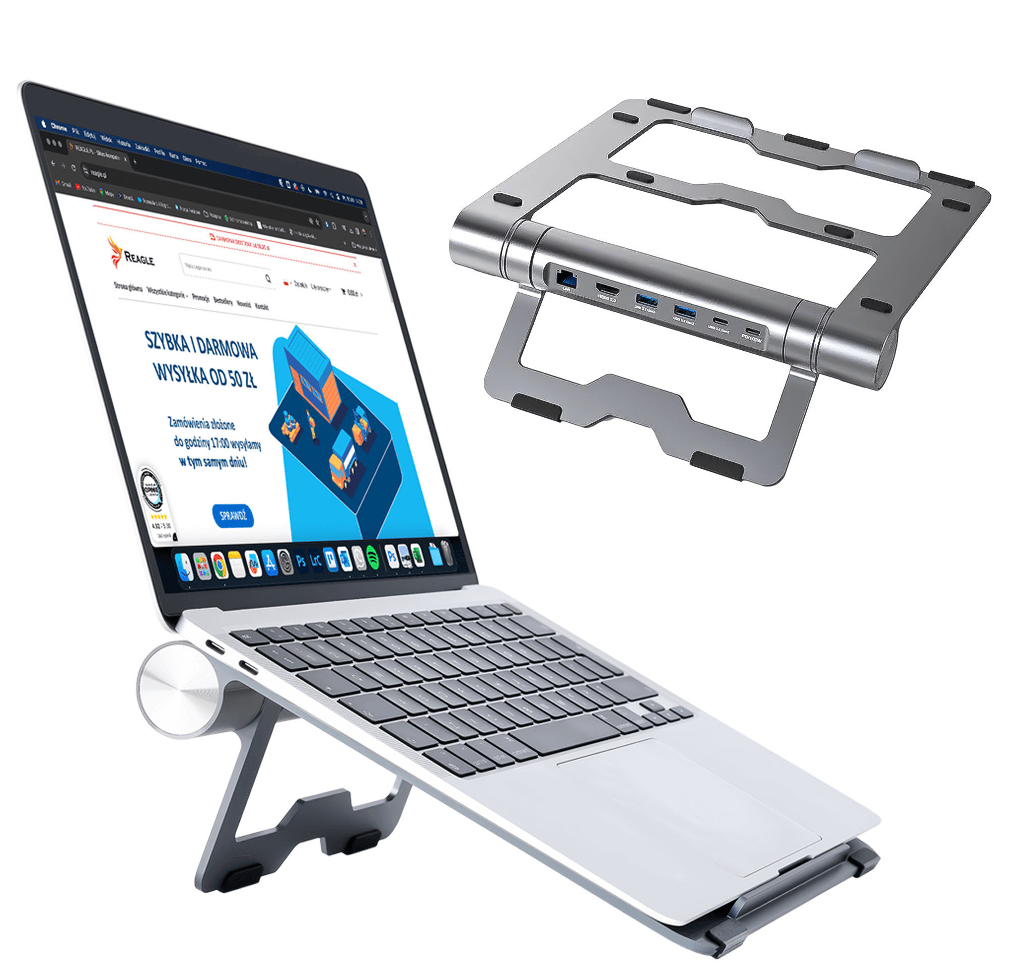 Laptop na stojaku. Laptop wyświetla stronę internetową. Stojak ma porty. Drugi stojak w tle.