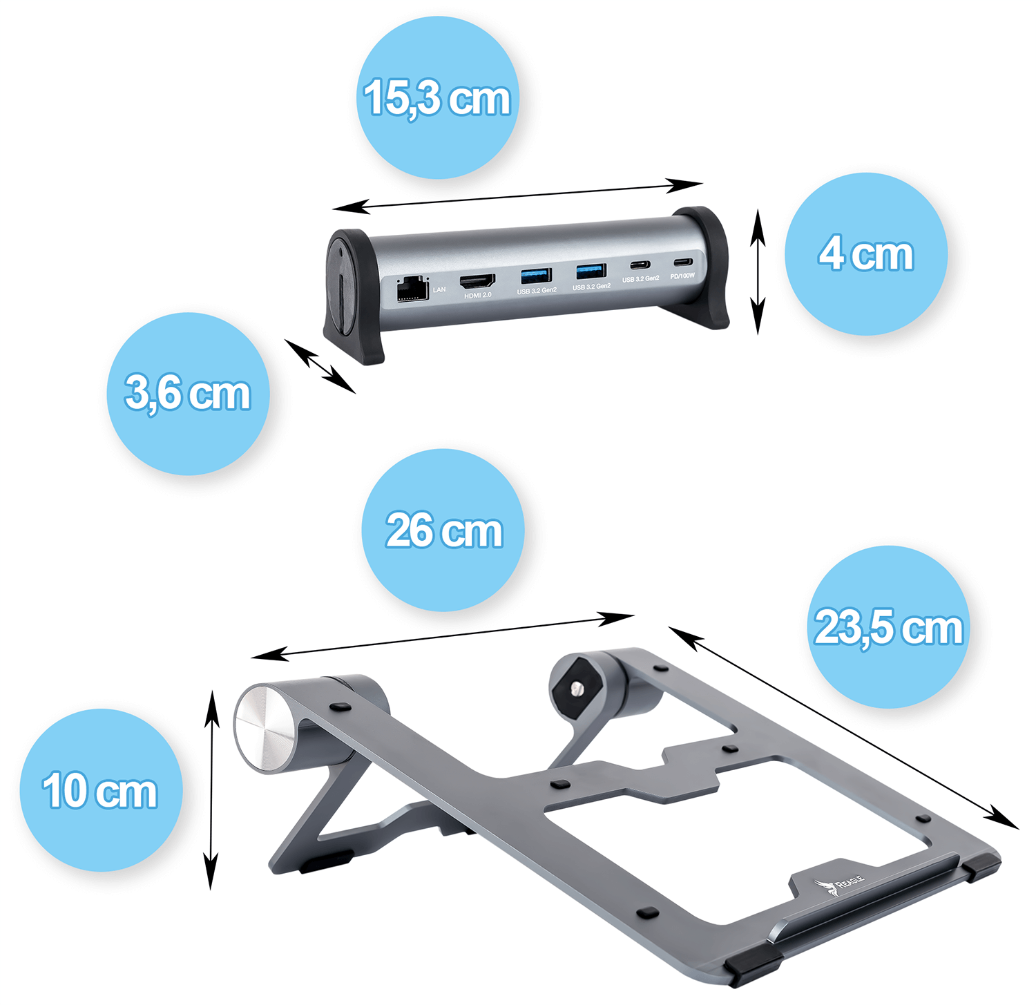 Srebrny hub USB i podstawka pod laptopa, z wymiarami oznaczonymi w niebieskich kółkach na białym tle.