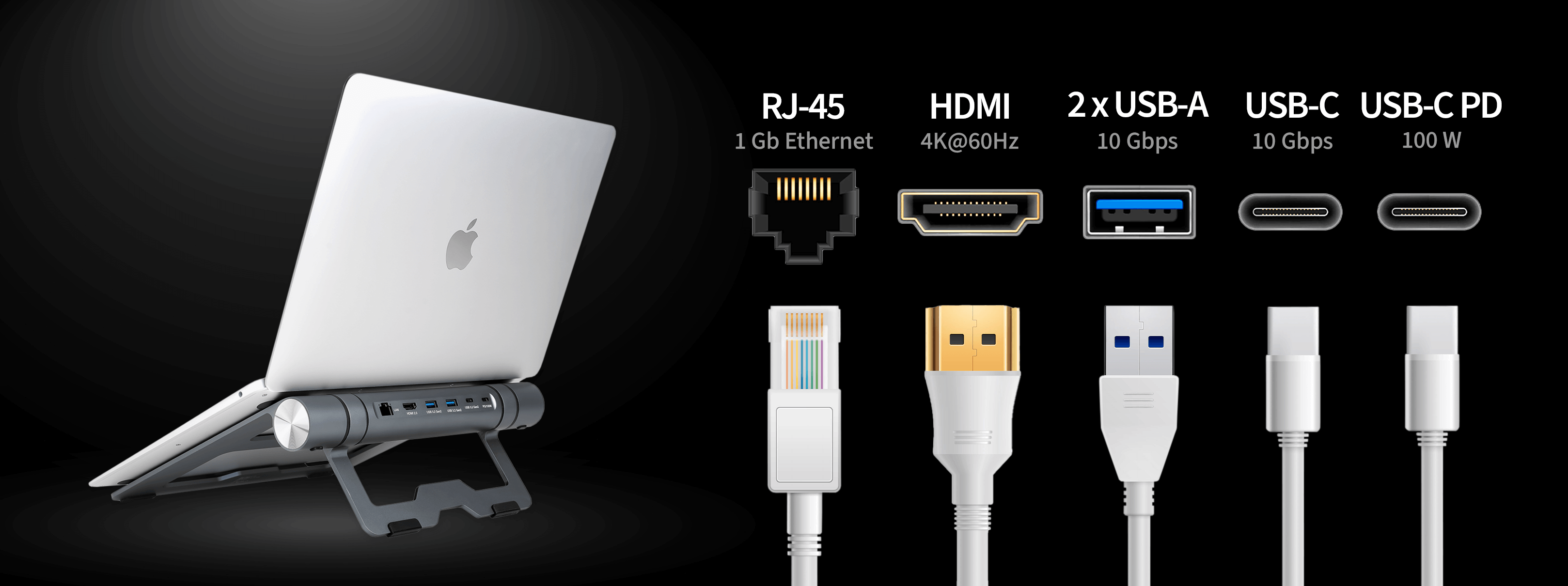 Laptop podłączony do stacji dokującej pokazującej porty i różne kable.