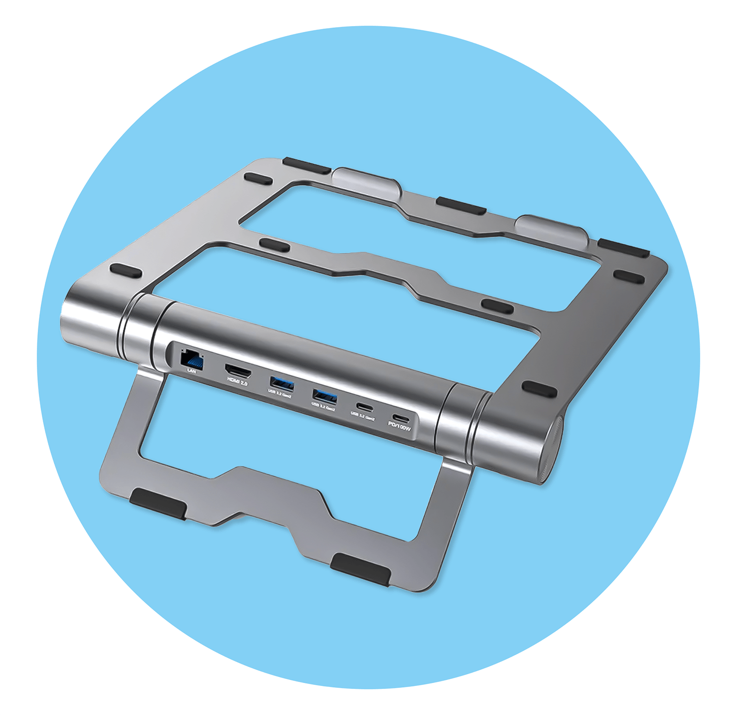 Srebrna podstawka na laptopa z wieloma portami USB i innymi połączeniami, na niebieskim kole.