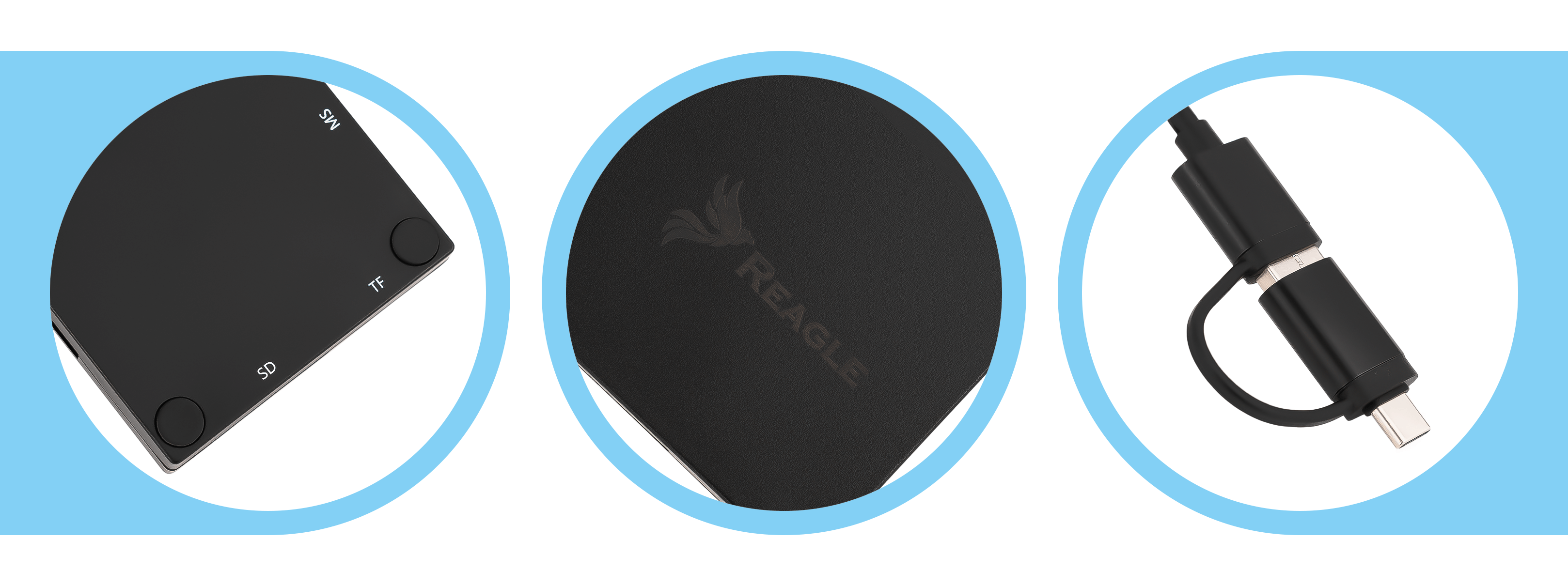 Trzy okrągłe obrazy: czytnik kart SD, logo i kabel ładujący. Niebieskie tło.