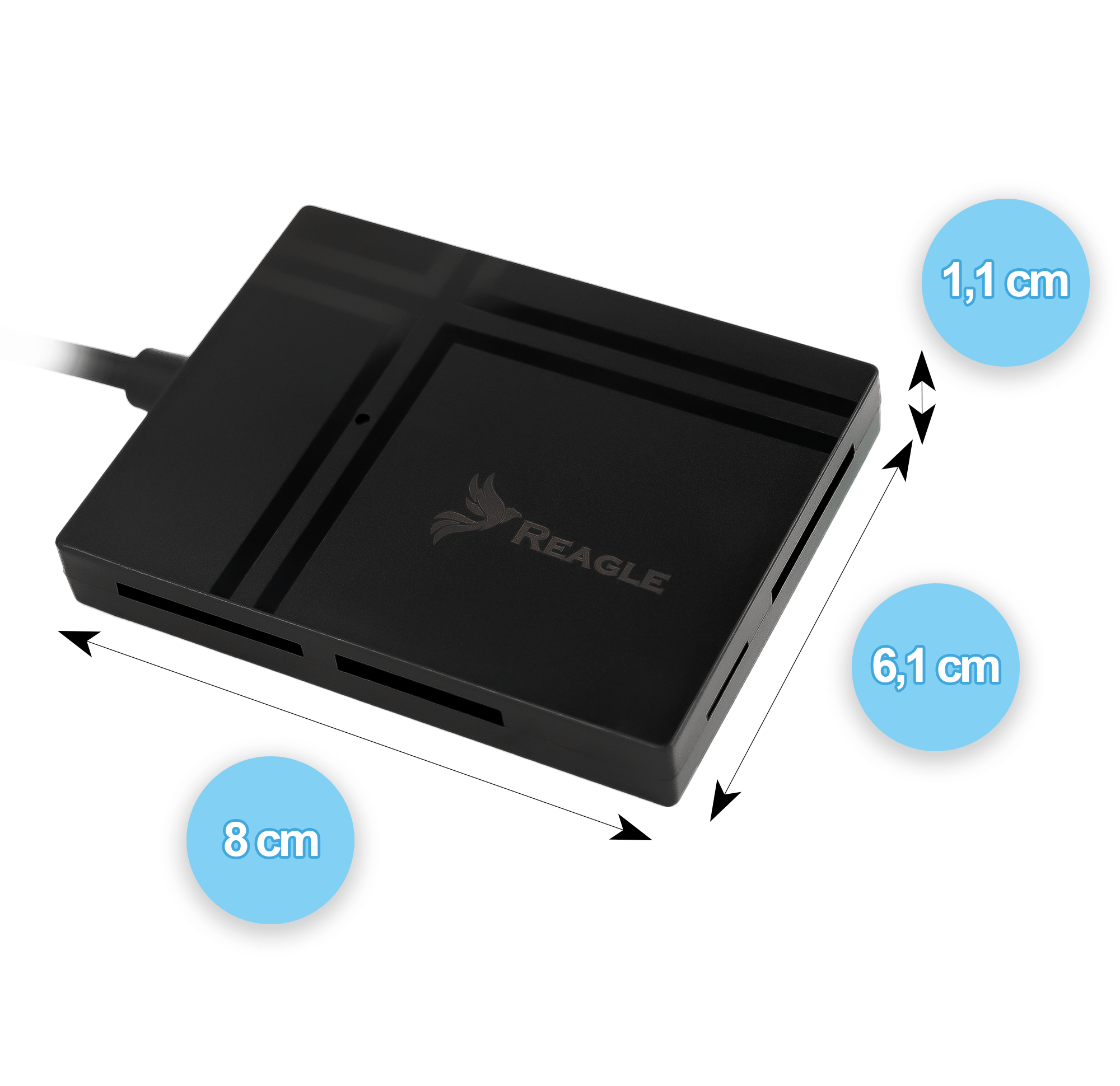 Czarny czytnik kart z wymiarami i logo Reagle na białym tle.