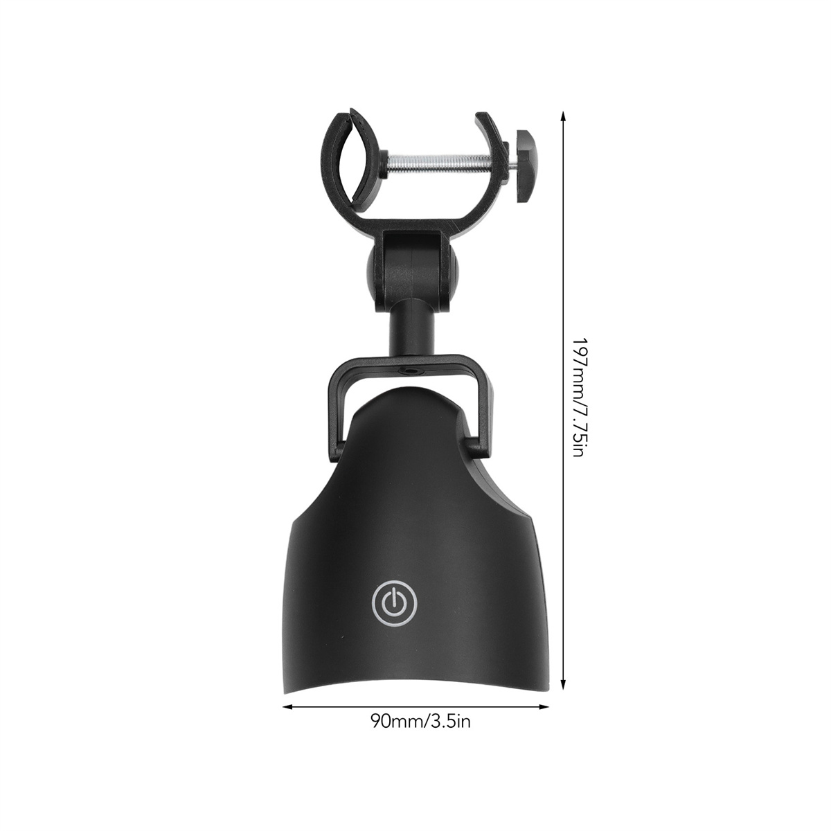 Ein schwarzer Mikrofonhalter mit Klemme und einem Power-Button-Symbol.